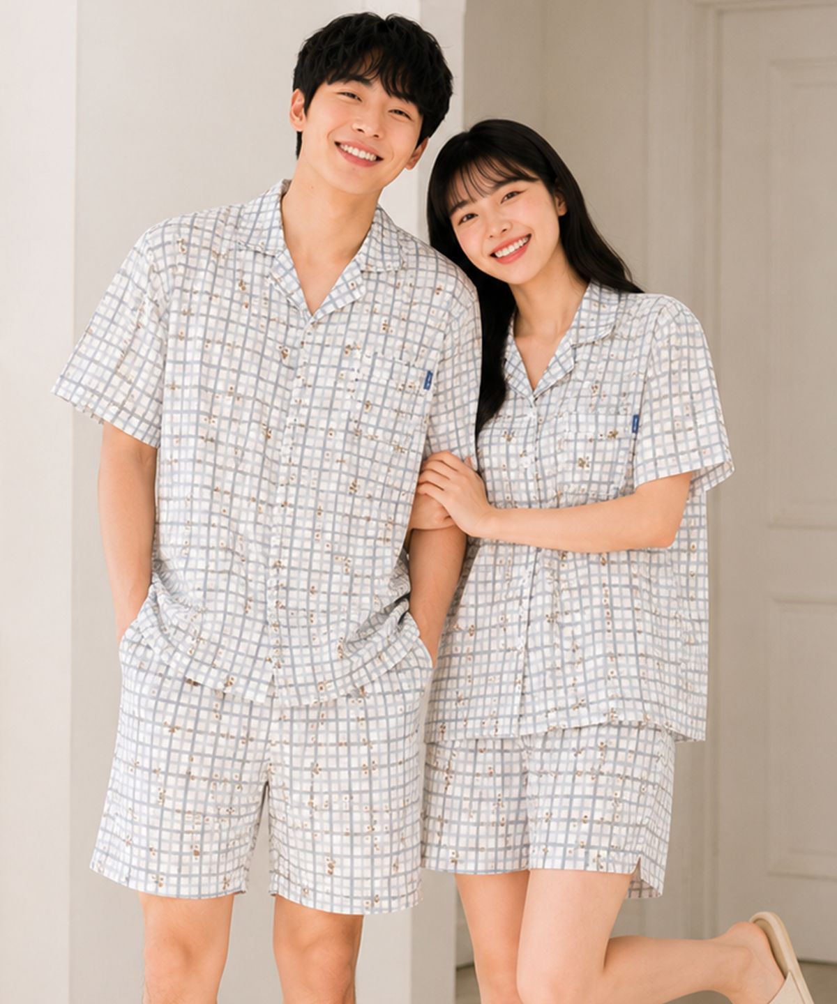 파란(PALAN) 디어우드 체크 요루면 커플 반팔잠옷 세트 여름 시원한 파자마
