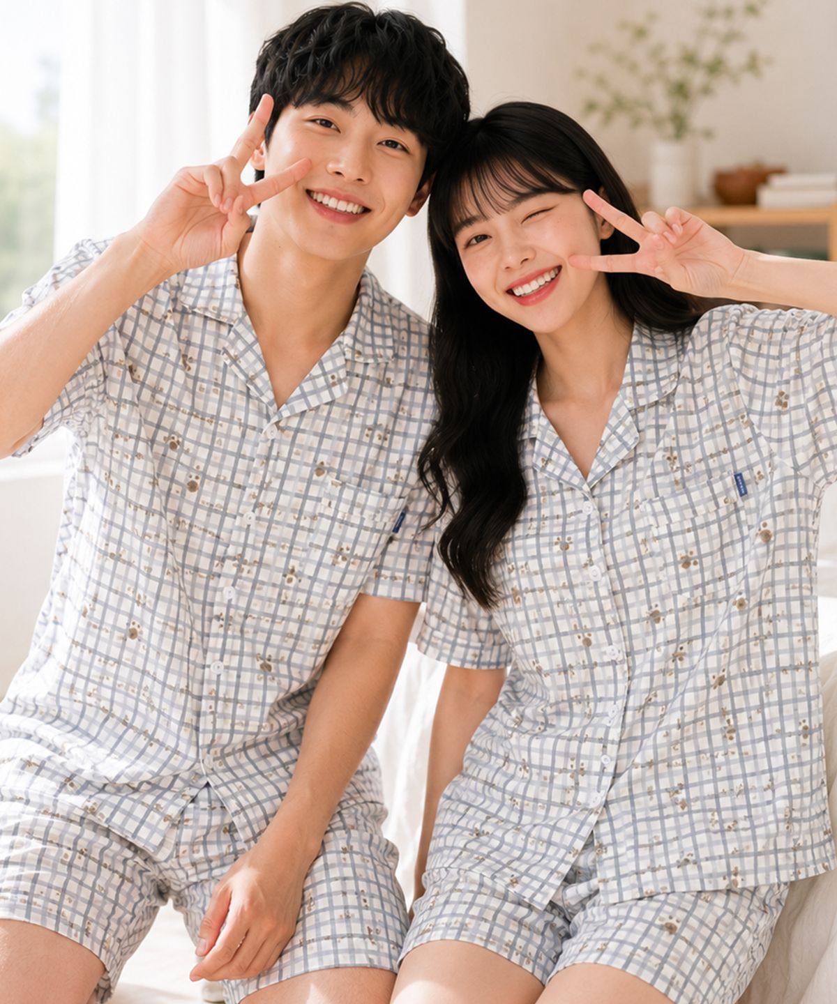 파란(PALAN) 디어우드 체크 요루면 커플 반팔잠옷 세트 여름 시원한 파자마