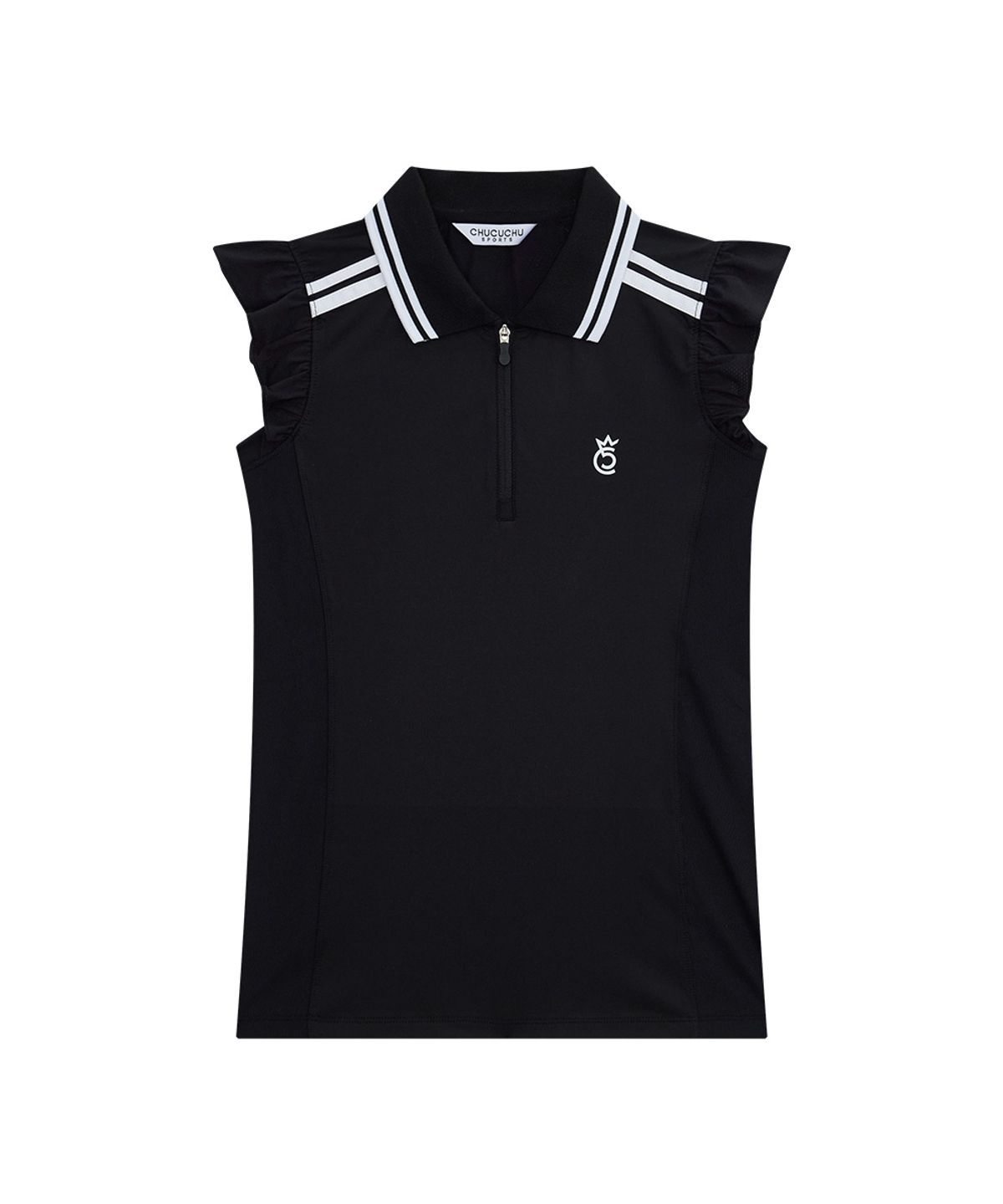 츄쿠츄(CHUCUCHU) 러플 백 메쉬 카라 슬리브리스 탑 (BLACK) CBFSS-TS012W