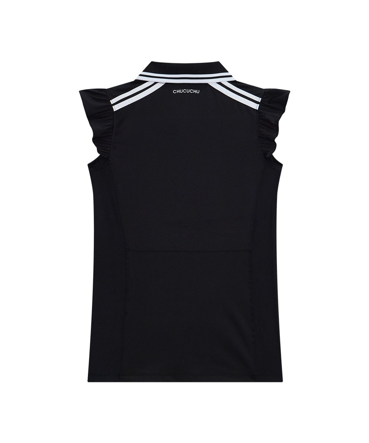 츄쿠츄(CHUCUCHU) 러플 백 메쉬 카라 슬리브리스 탑 (BLACK) CBFSS-TS012W