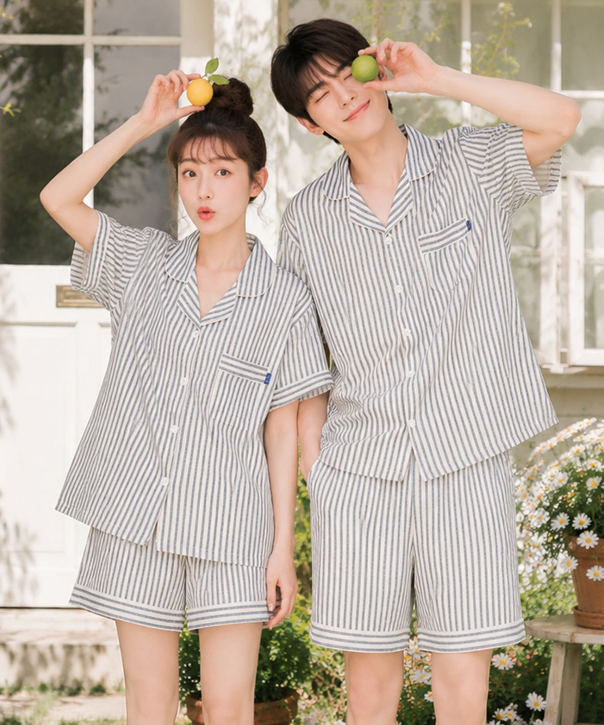 파란(PALAN) 클래식 요루면 스트라이프 커플 반팔잠옷 세트 여름 시원한 파자마