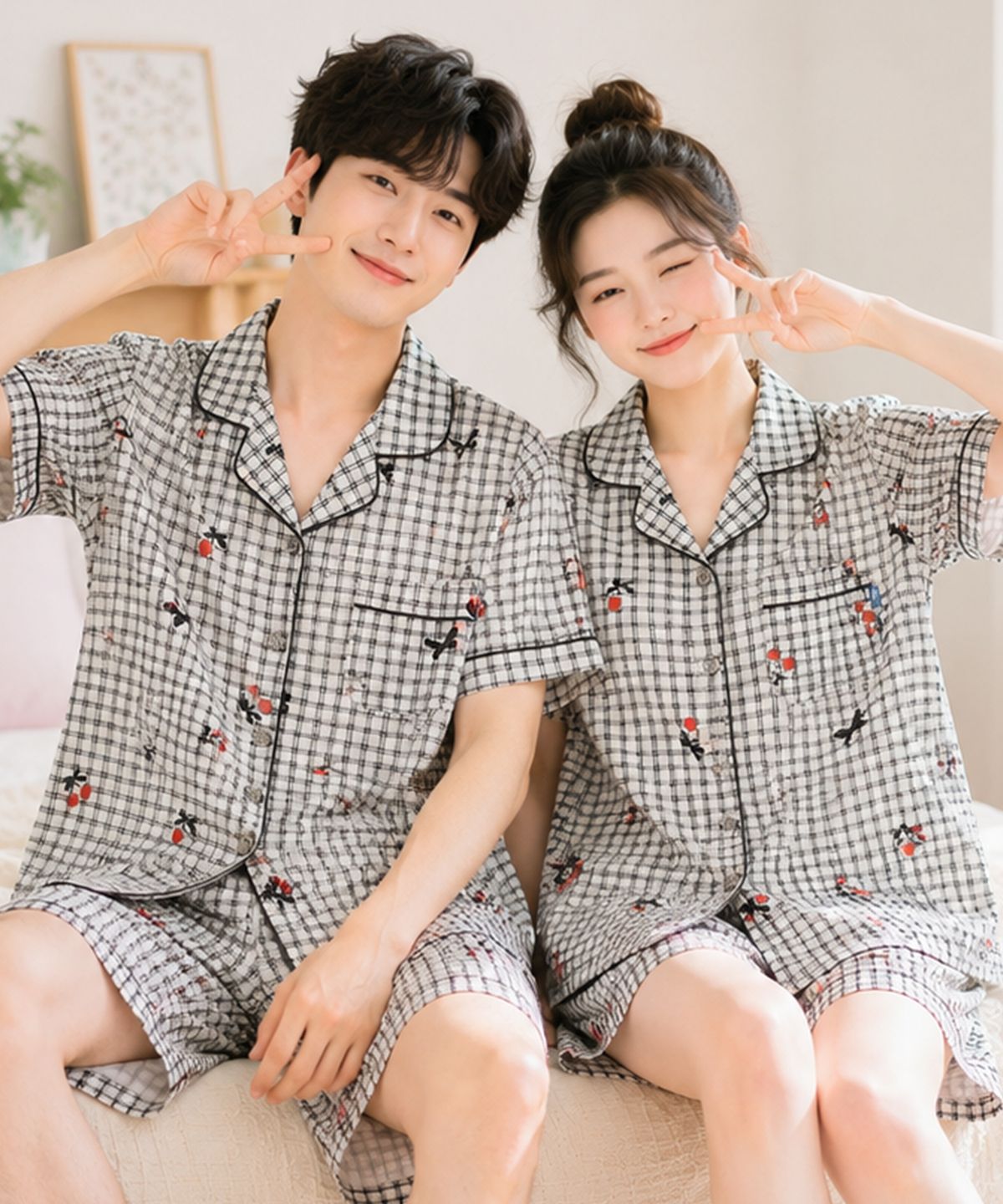 파란(PALAN) 체리리본 요루면 채크 커플 반팔잠옷 세트 여름 시원한 파자마