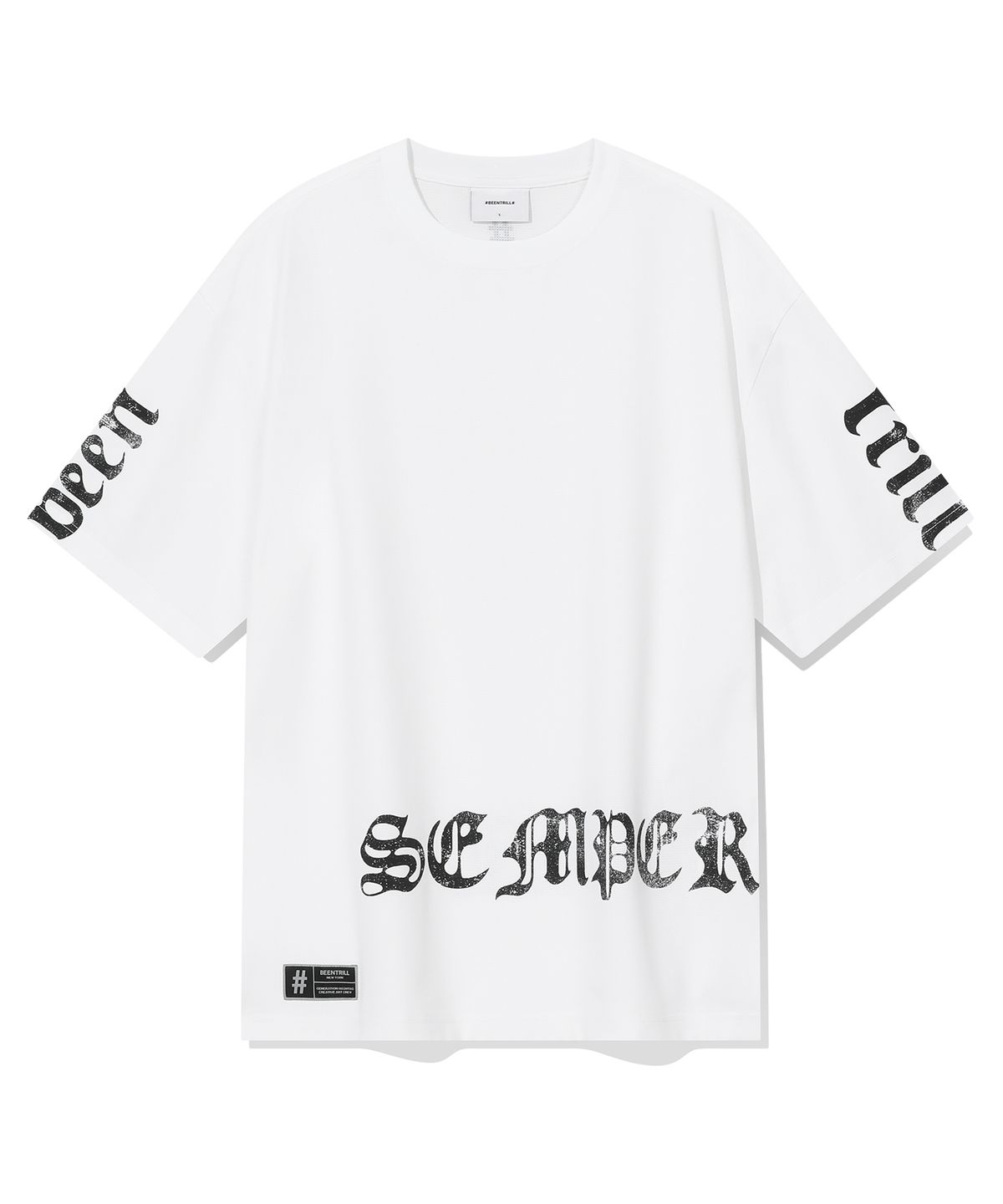 빈트릴(BEENTRILL) 고딕 레터링 오버핏 메쉬 티셔츠(화이트)