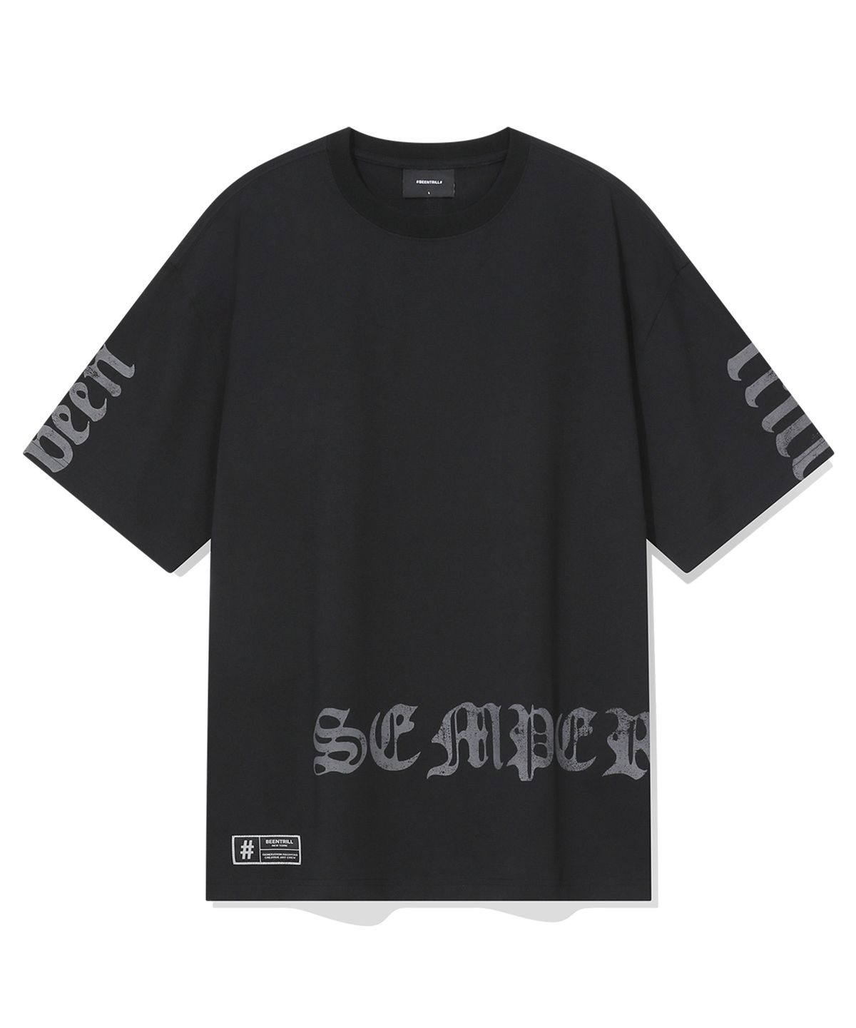 빈트릴(BEENTRILL) 고딕 레터링 오버핏 메쉬 티셔츠(블랙)