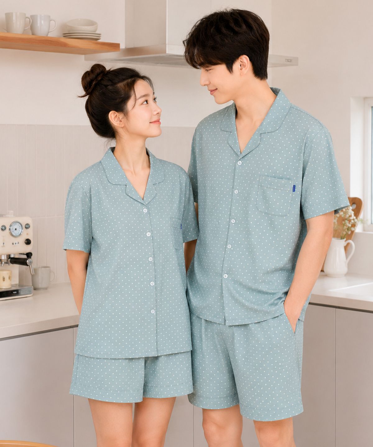 파란(PALAN) 버블도트 요루면  커플 반팔잠옷 세트 여름 시원한 파자마