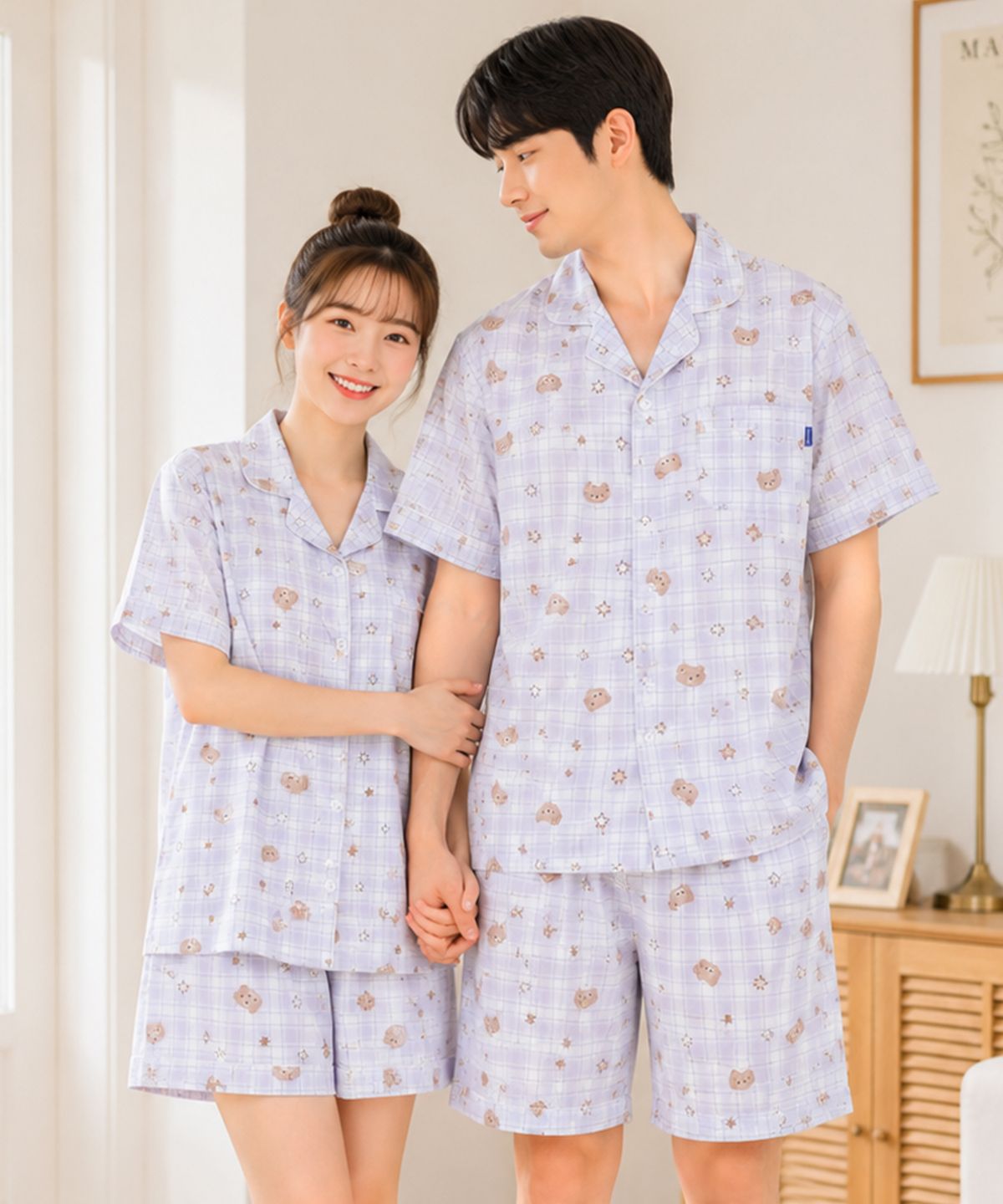 파란(PALAN) 베어리나잇 요루면 체크 커플 반팔잠옷 세트 여름 시원한 파자마