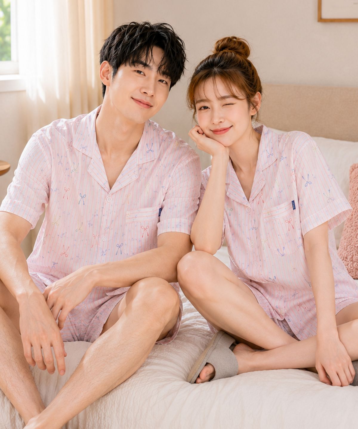 파란(PALAN) 캔디리본 요루면 스트라이프 커플 반팔잠옷 세트 여름 시원한 파자마