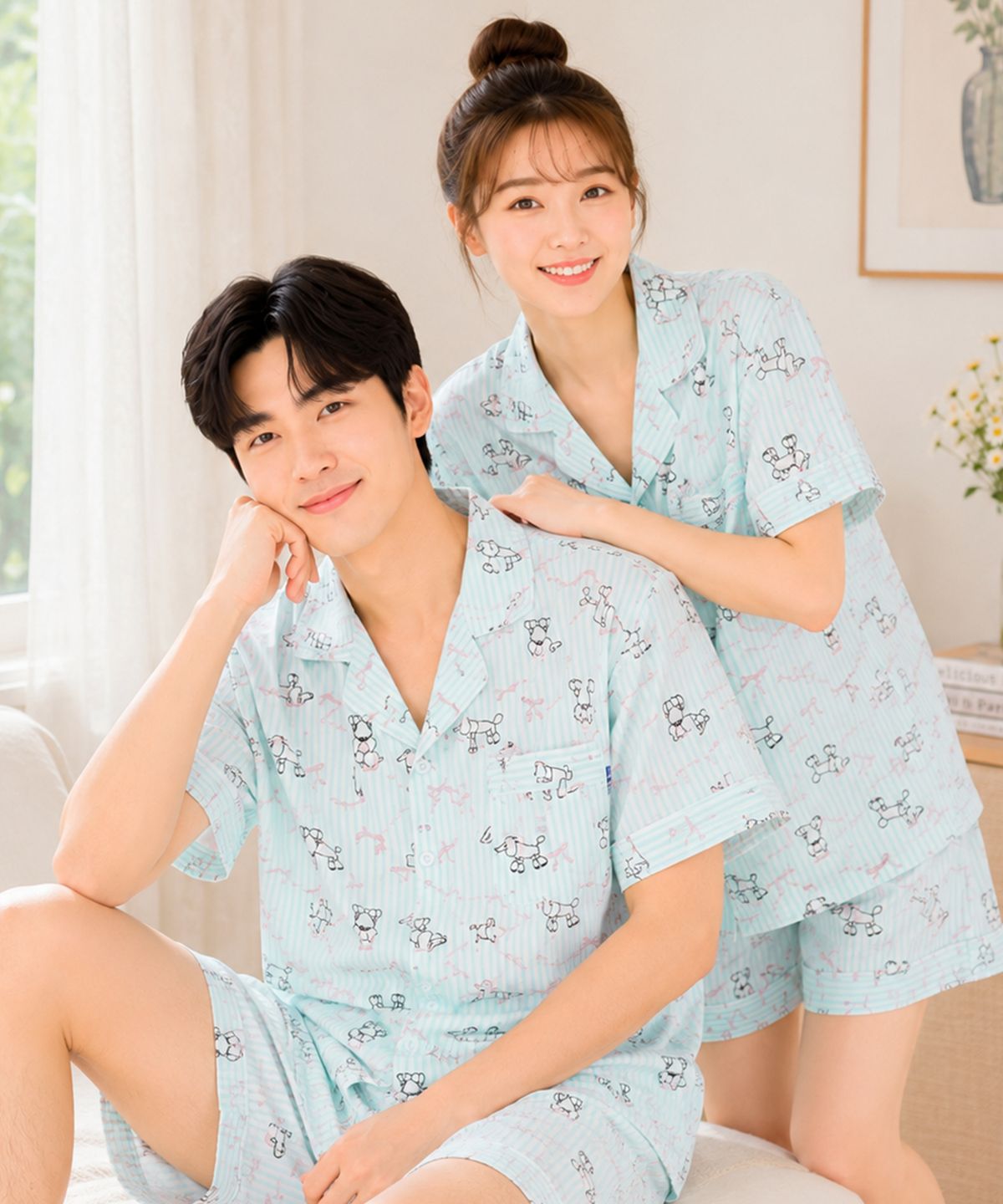 파란(PALAN) 리본푸들 요루면 스트라이프 커플 반팔잠옷 세트 여름 시원한 파자마