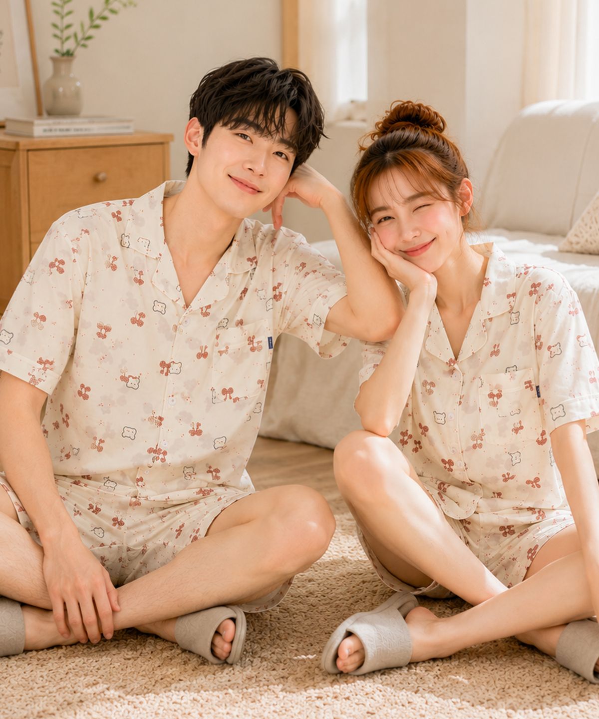 파란(PALAN) 체리베어 요루면 커플 반팔잠옷 세트 여름 시원한 파자마
