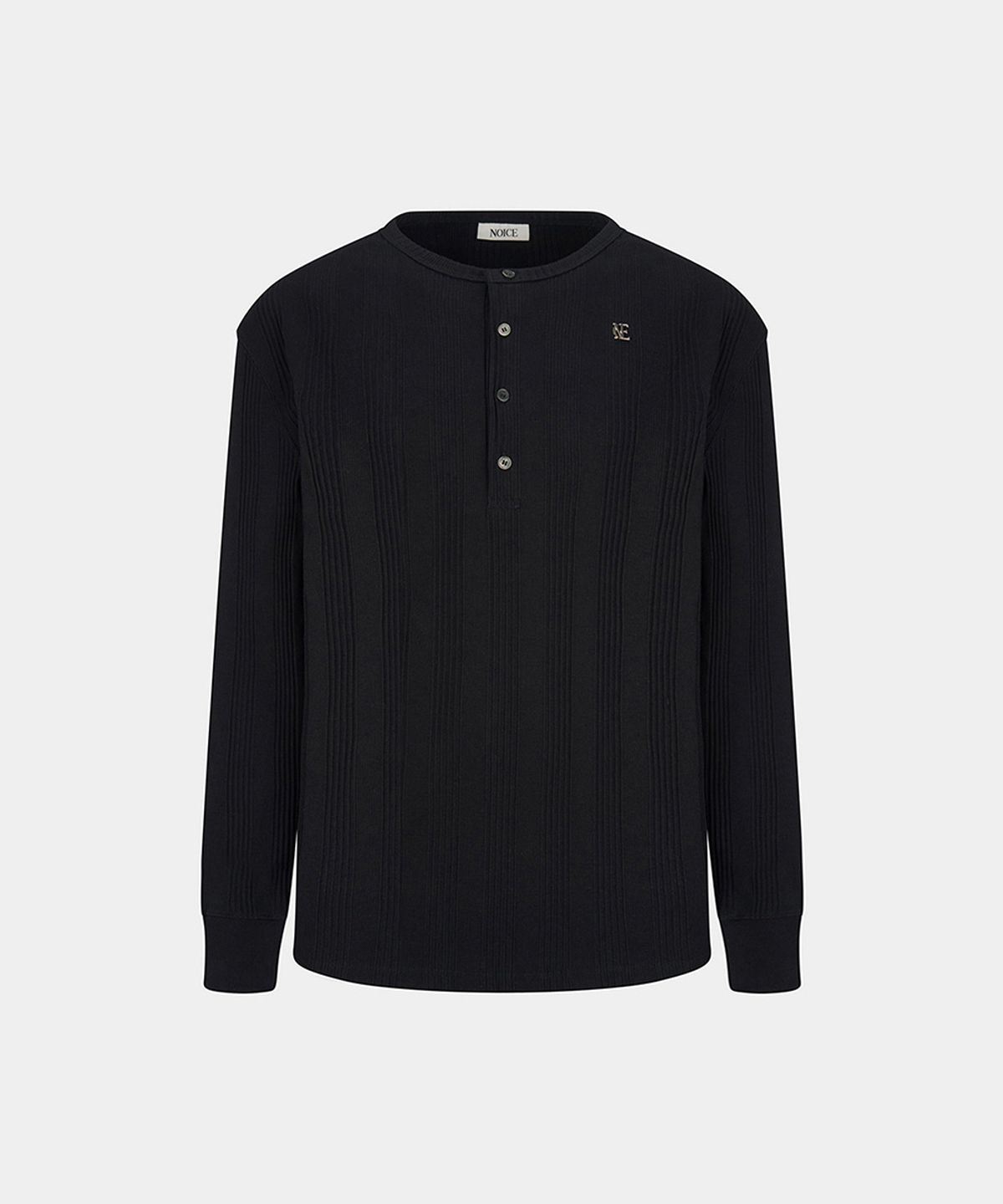 노이스(NOICE) COTTON RIBBED LONG SLEEVES HENLEY NECK - BLACK