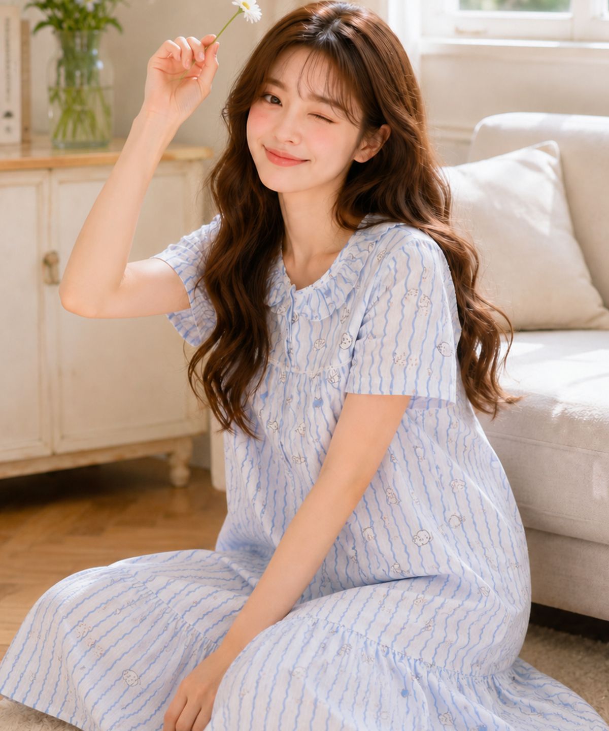 파란(PALAN) 블루버디 요루면 반팔 원피스 여성 잠옷 여름 시원한 파자마 홈웨어