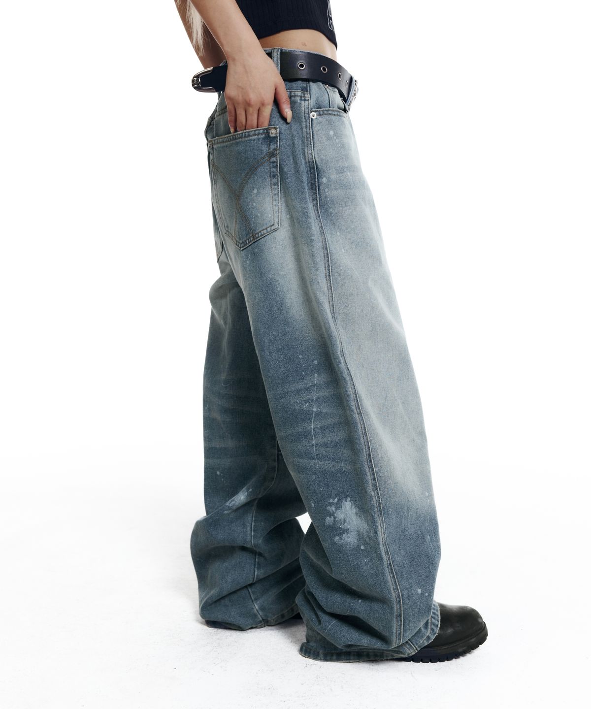 아캄(AAKAM) Splatter Painted Denim Pants (Sky Blue)