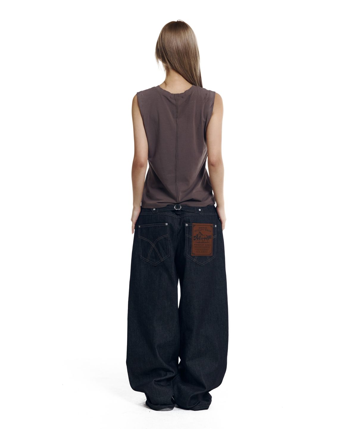 아캄(AAKAM) Leather Label Denim Pants (Black)
