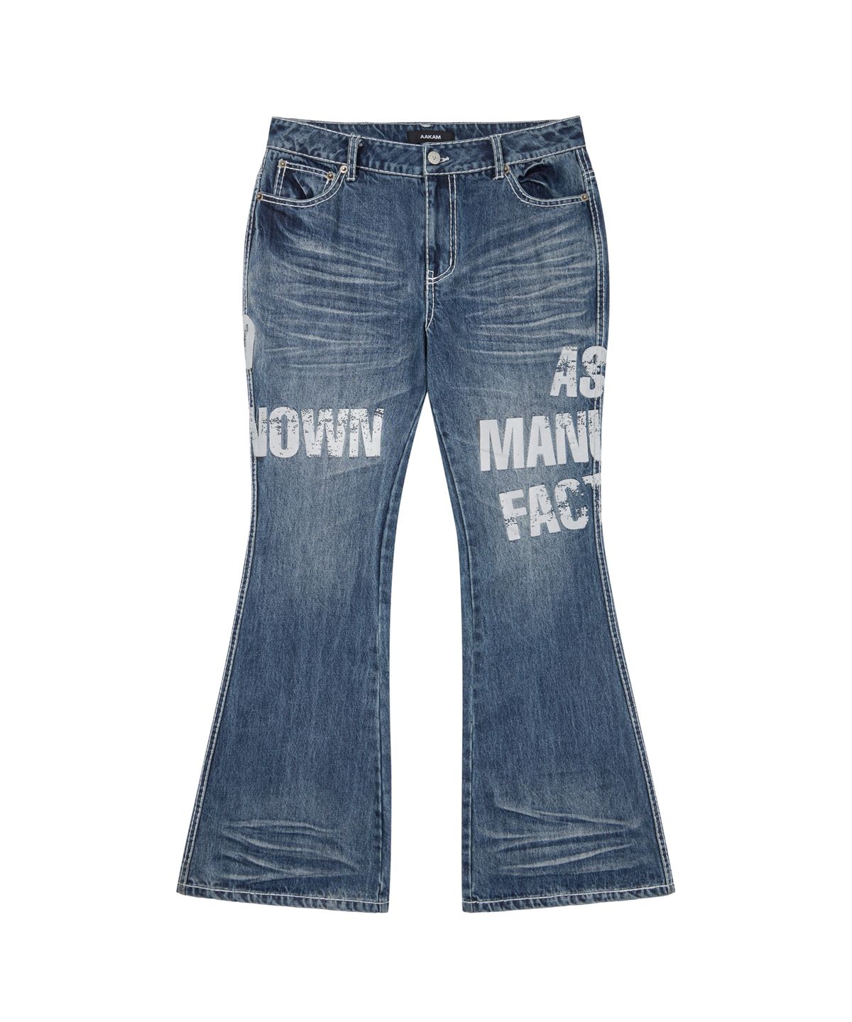 아캄(AAKAM) Typo Flare Denim Pants (Blue)
