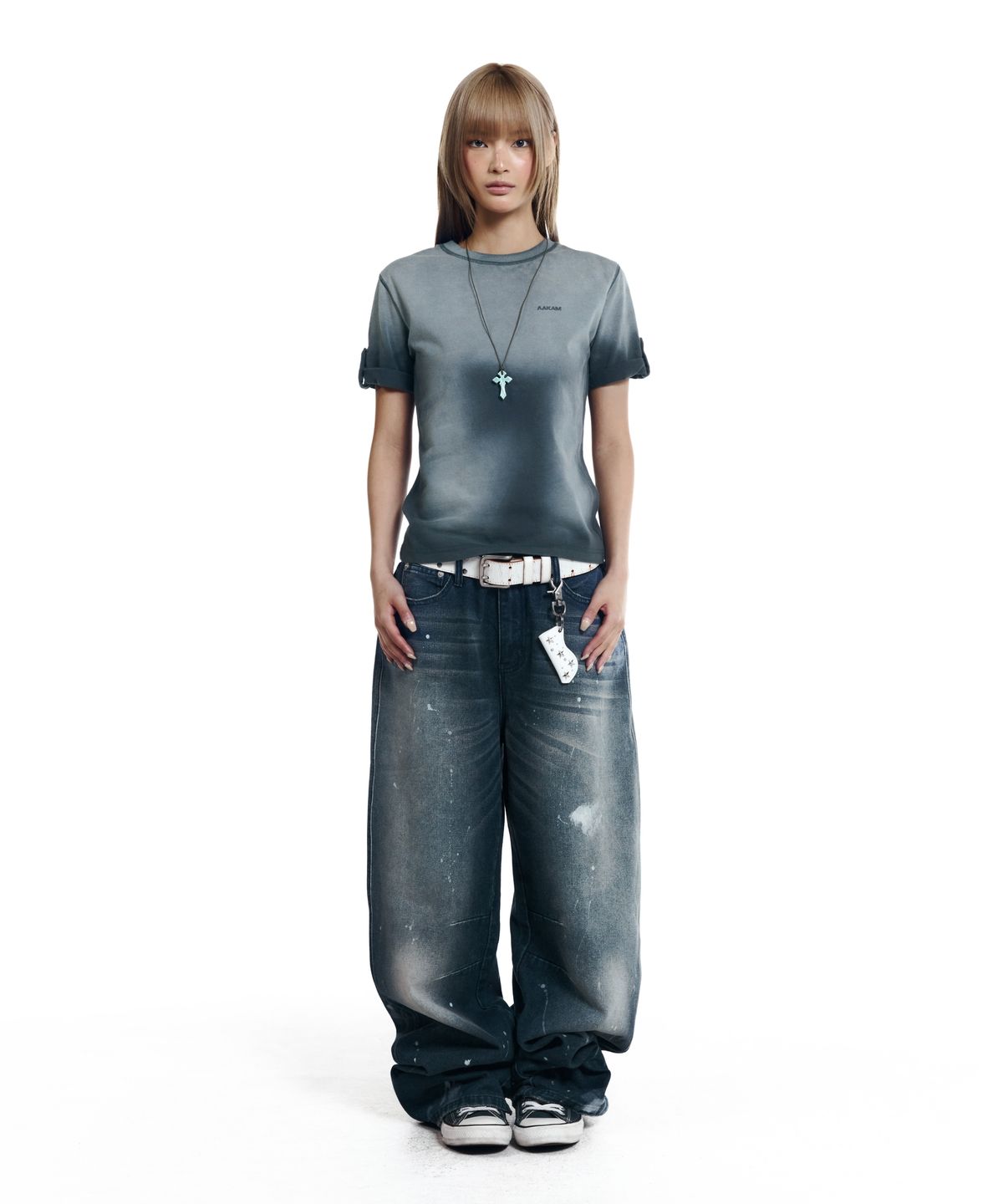 아캄(AAKAM) Dirty Mist Roll-up Half Top (Navy)