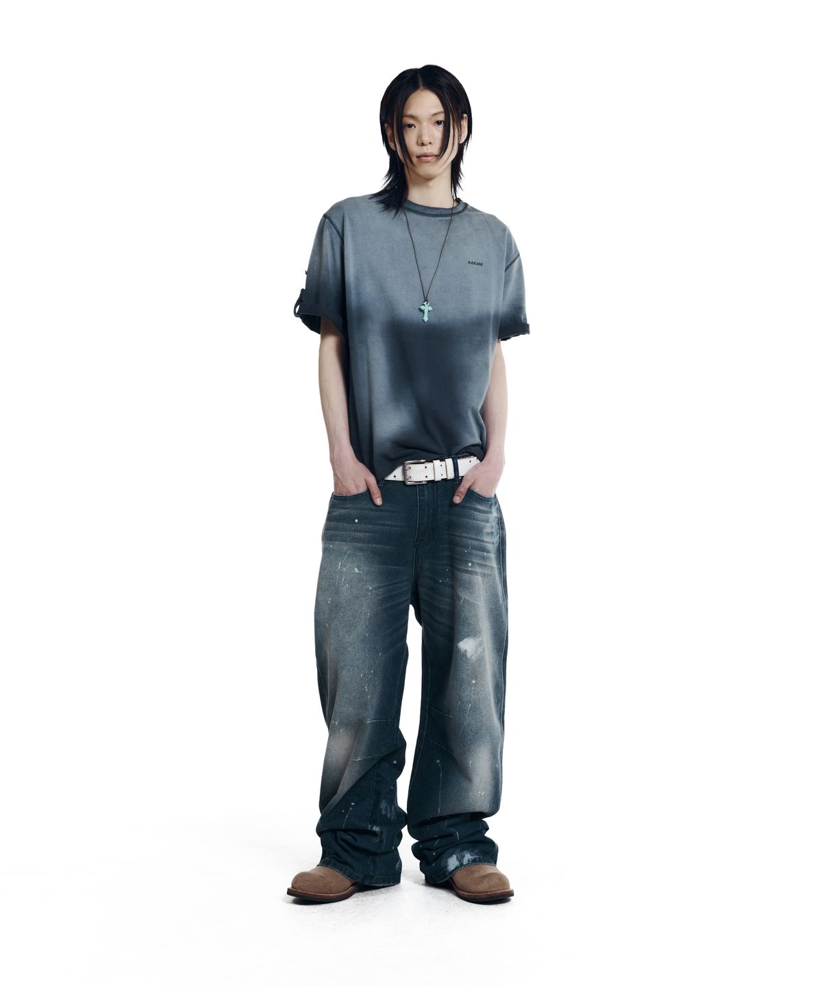 아캄(AAKAM) Dirty Mist Roll-up Half Top (Navy)
