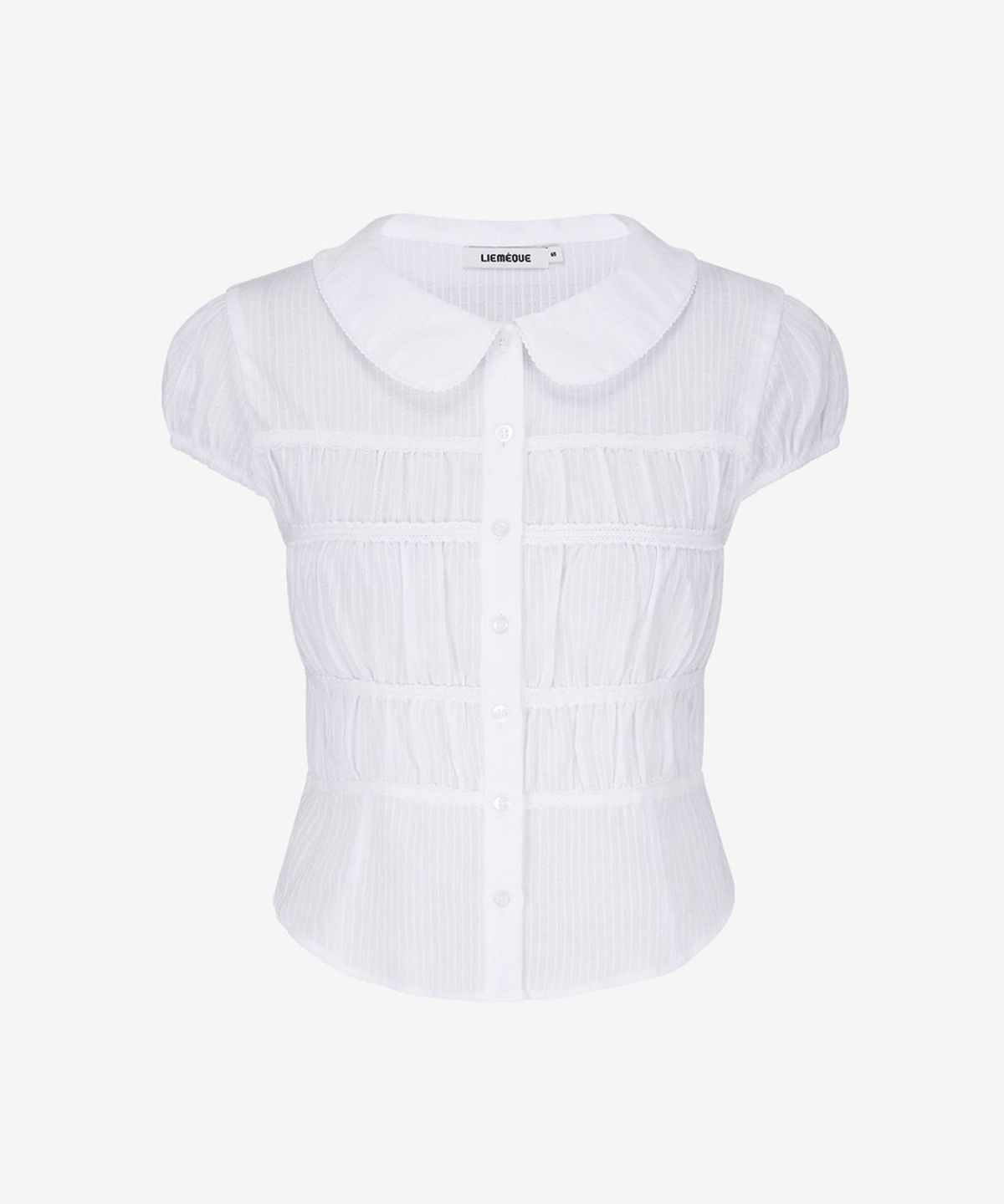 리메크(LIEMÉQUE) 라운드 카라 퍼프 셔링 블라우스 화이트