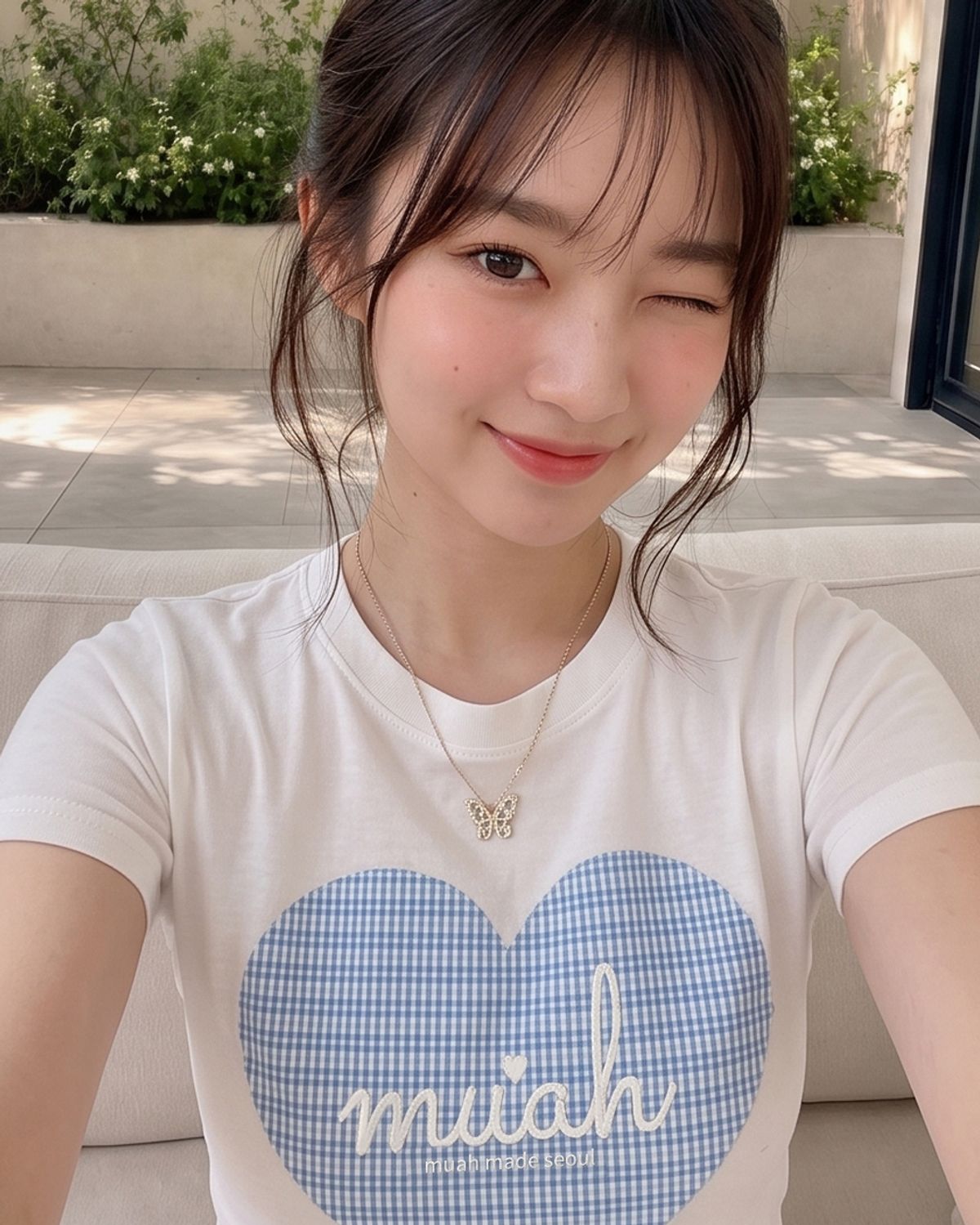 무아무아(MUAHMUAH) 빅 하트 체크 패치 반팔티 [2color]