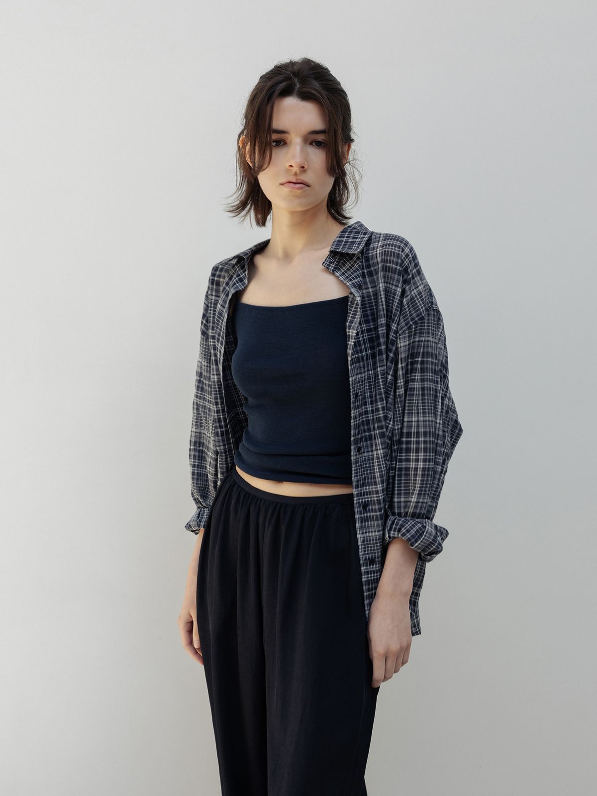 모이아(MOIA) sheer check shirt (navy)