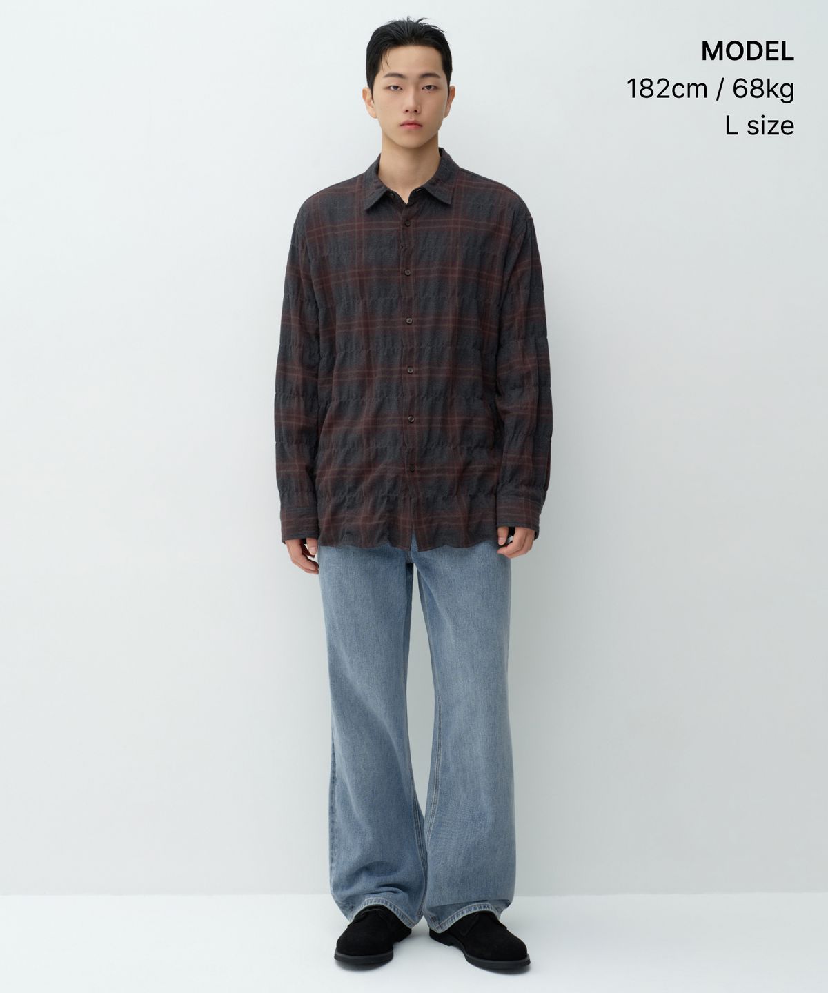 무신사 스탠다드(MUSINSA STANDARD) 릴렉스드 크링클 플란넬 체크 셔츠 [다크 그레이/버건디]