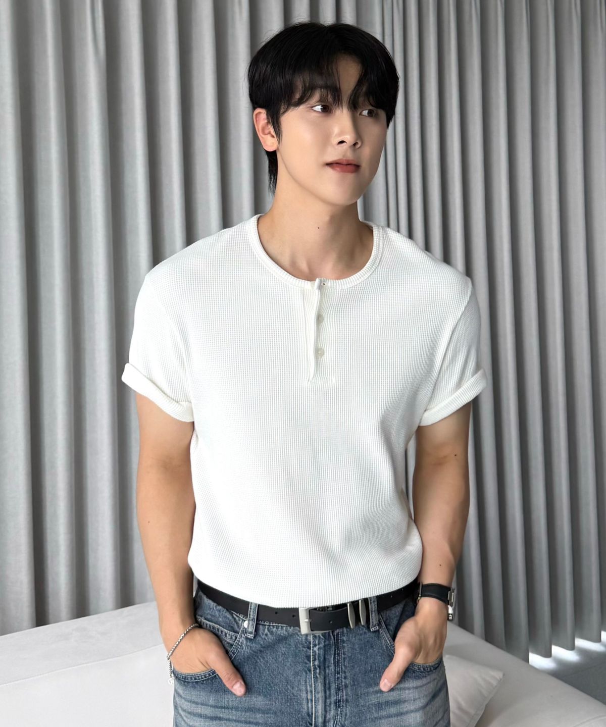 효지(HYOJI) 26 SS 세미 크롭 와플 헨리넥 반팔 티셔츠 (3컬러)