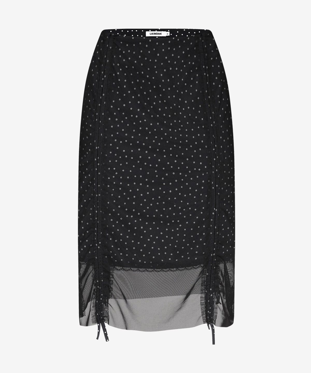 리메크(LIEMÉQUE) 도트 쉬폰 셔링 스트링 미디 스커트 블랙