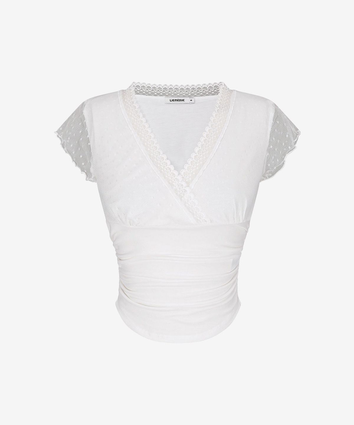 리메크(LIEMÉQUE) 브이넥 레이스 슬리브 셔링 탑 화이트