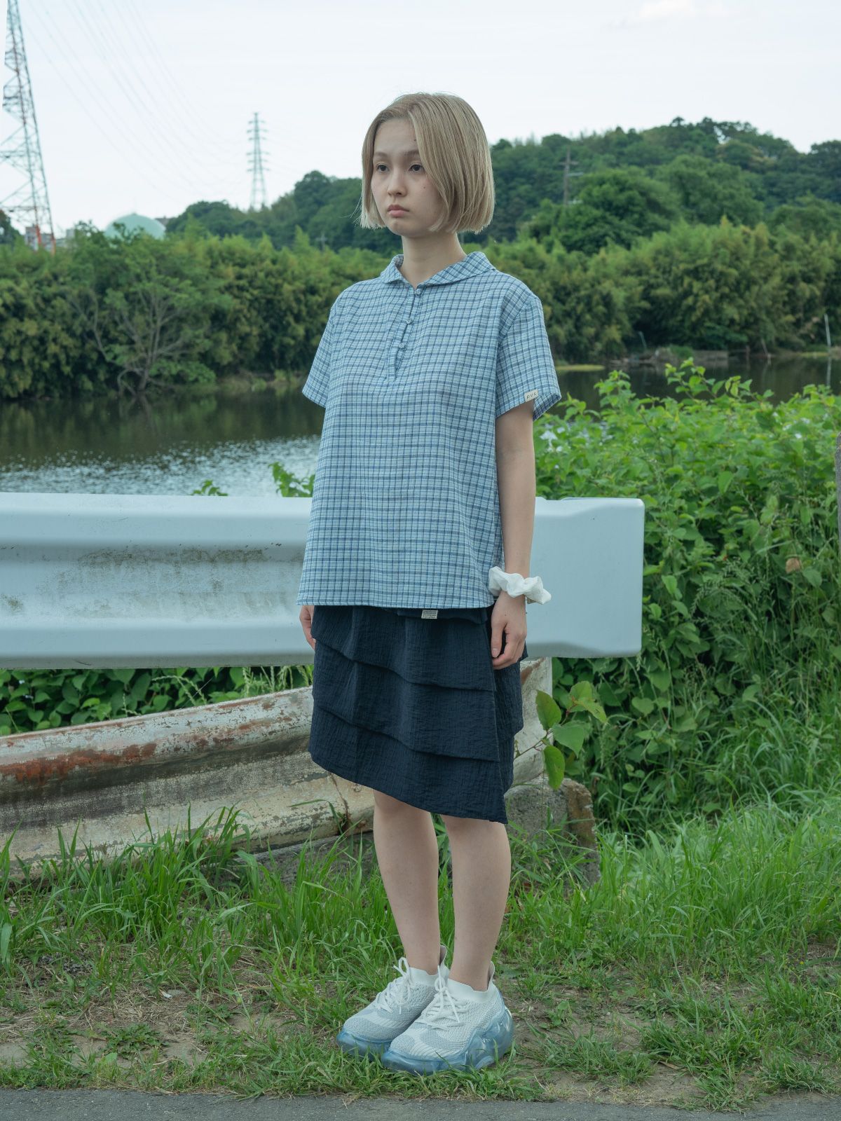피브스피브스(PEEVES PEEVES) Round Collar Check Blouse / Blue