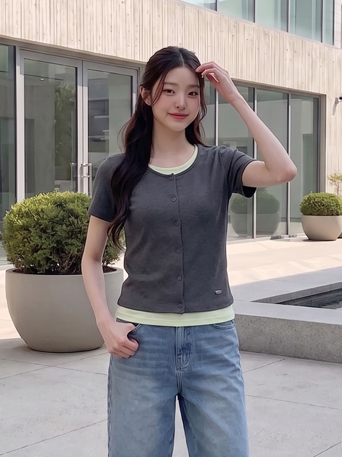 행텐(HANGTEN) 여성 웨일 가디건 레이어드 슬림 반팔 티셔츠_165(10570-131-426-69)