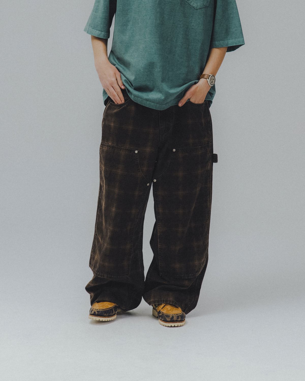 앵글런(ANGLAN) Checked Double Knee Pants - Brown