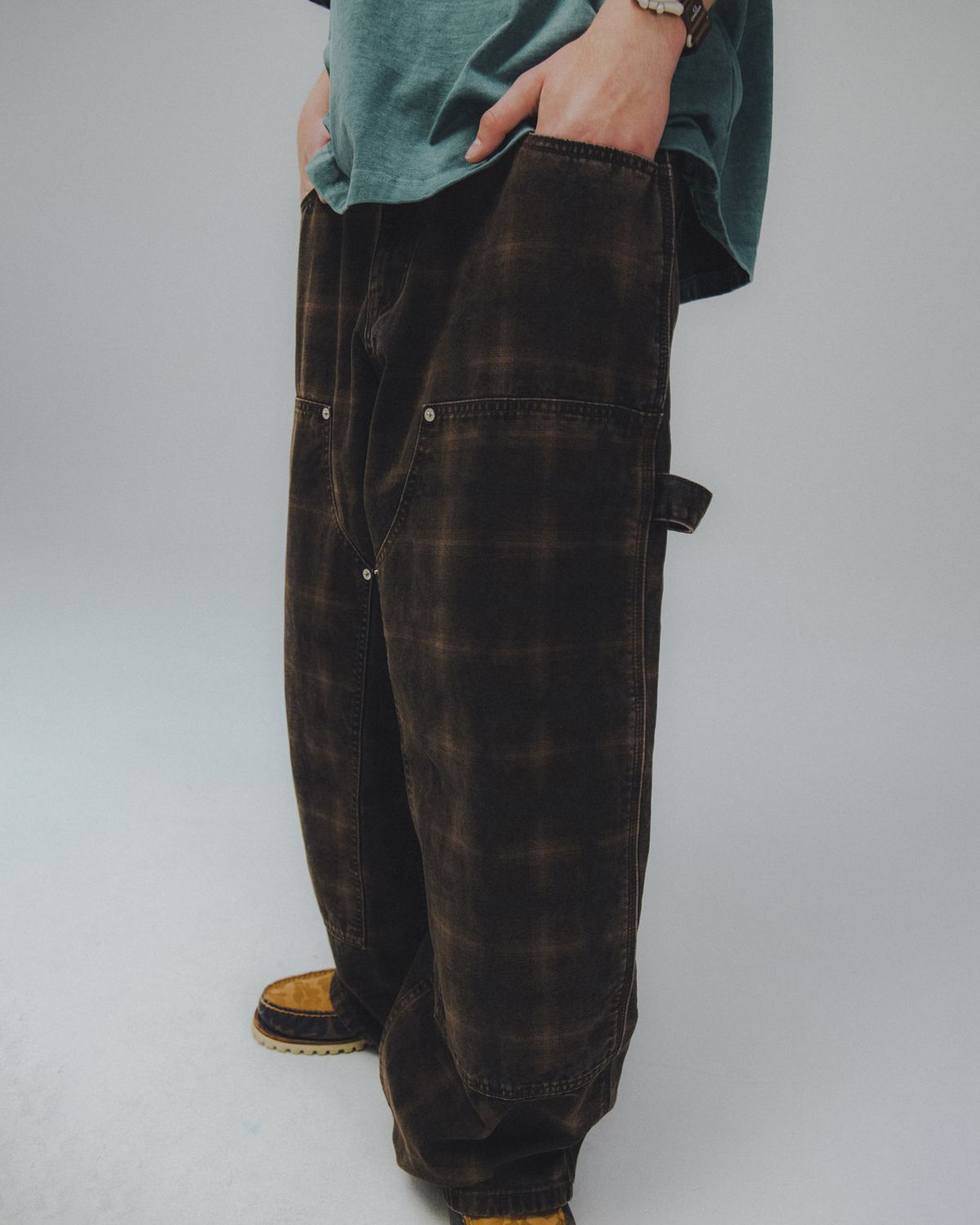 앵글런(ANGLAN) Checked Double Knee Pants - Brown