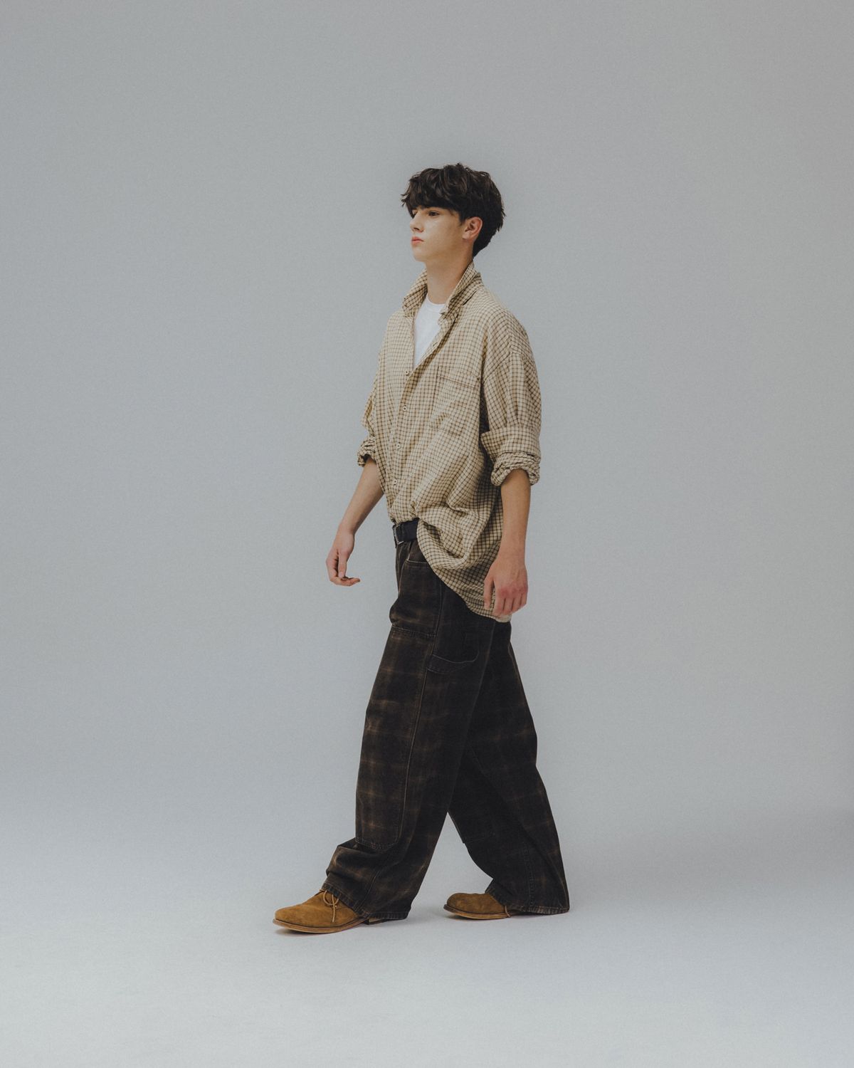 앵글런(ANGLAN) Checked Double Knee Pants - Brown