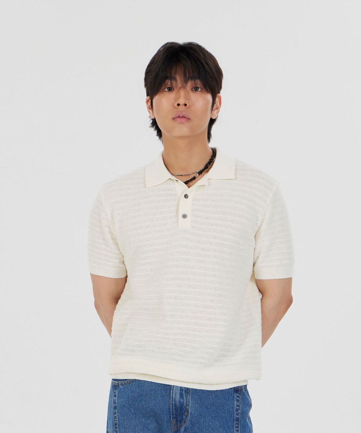 메이킷투(MAKEITTO) 스트라이프 텍스처 카라 니트 반팔 티셔츠_아이보리
