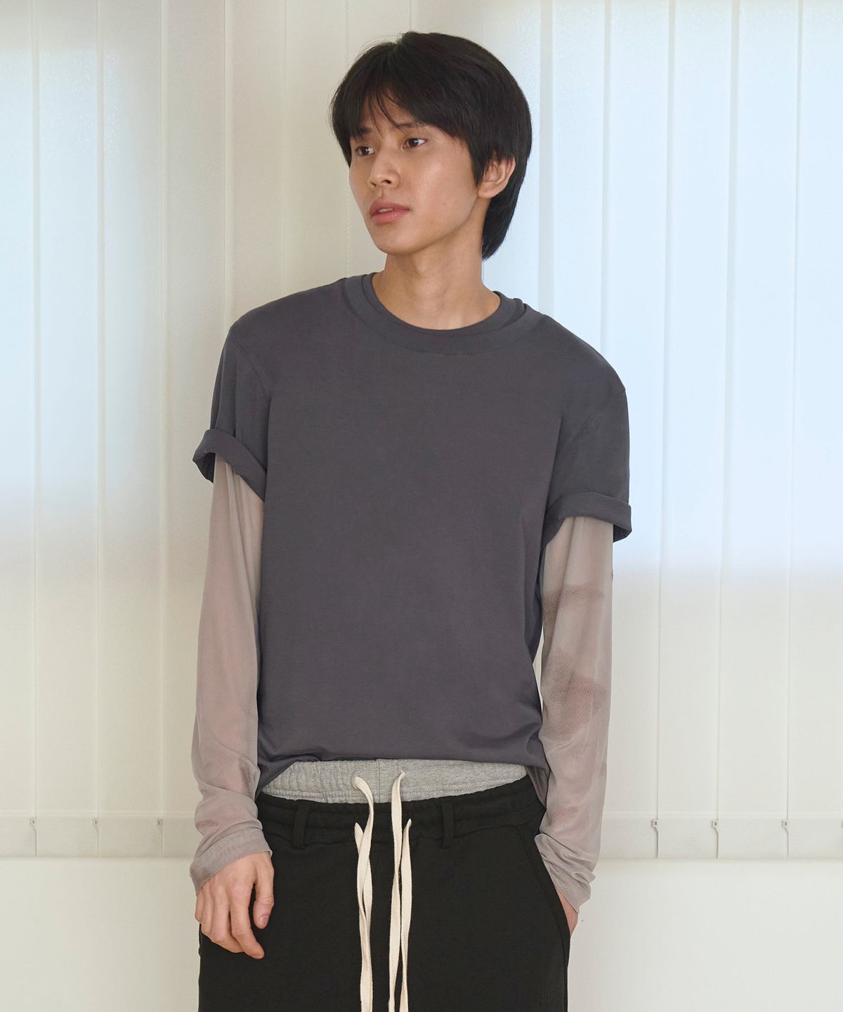 우알롱(WOOALONG) Double neck cotton over t-shirts -CHARCOAL