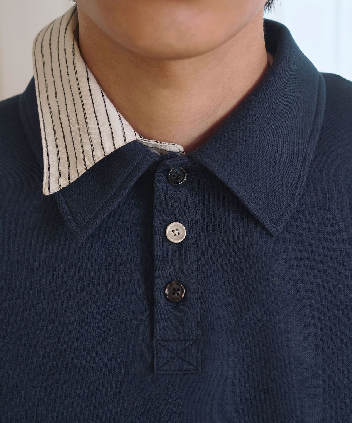 우알롱(WOOALONG) Airy cotton semi-loose polo shirt - NAVY