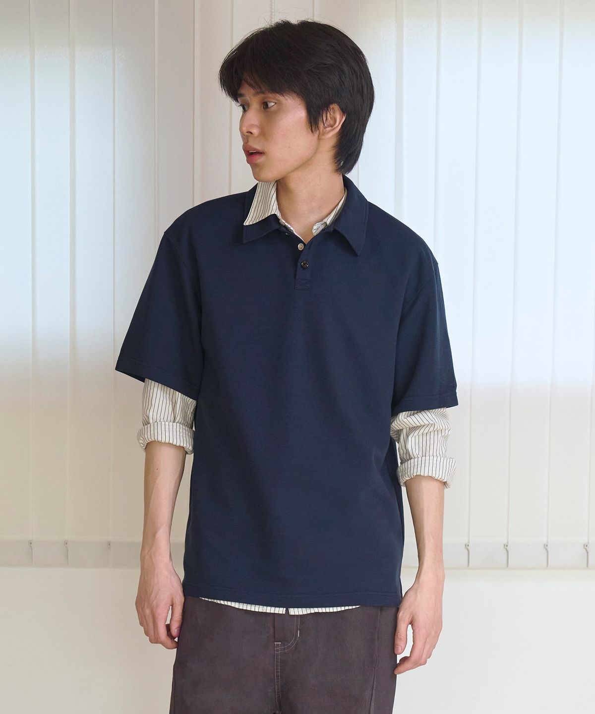 우알롱(WOOALONG) Airy cotton semi-loose polo shirt - NAVY
