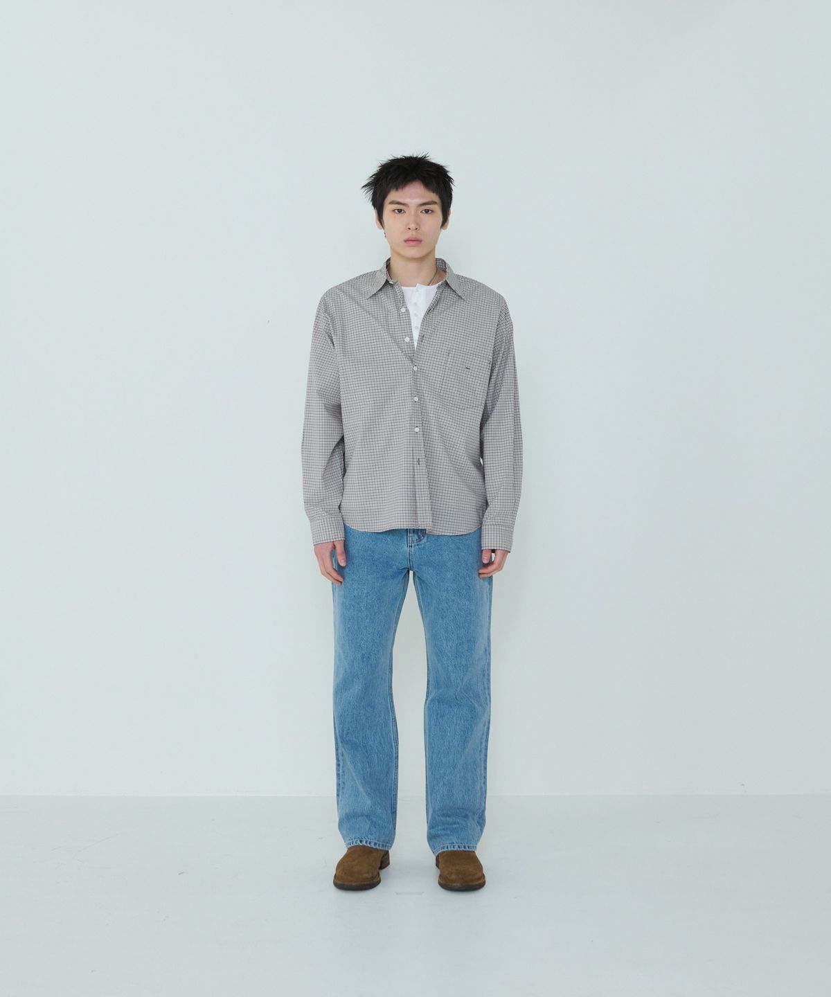 더씽인데어데어(THE THING IN THEIR THERE) Shift Multi Check Shirt Brown