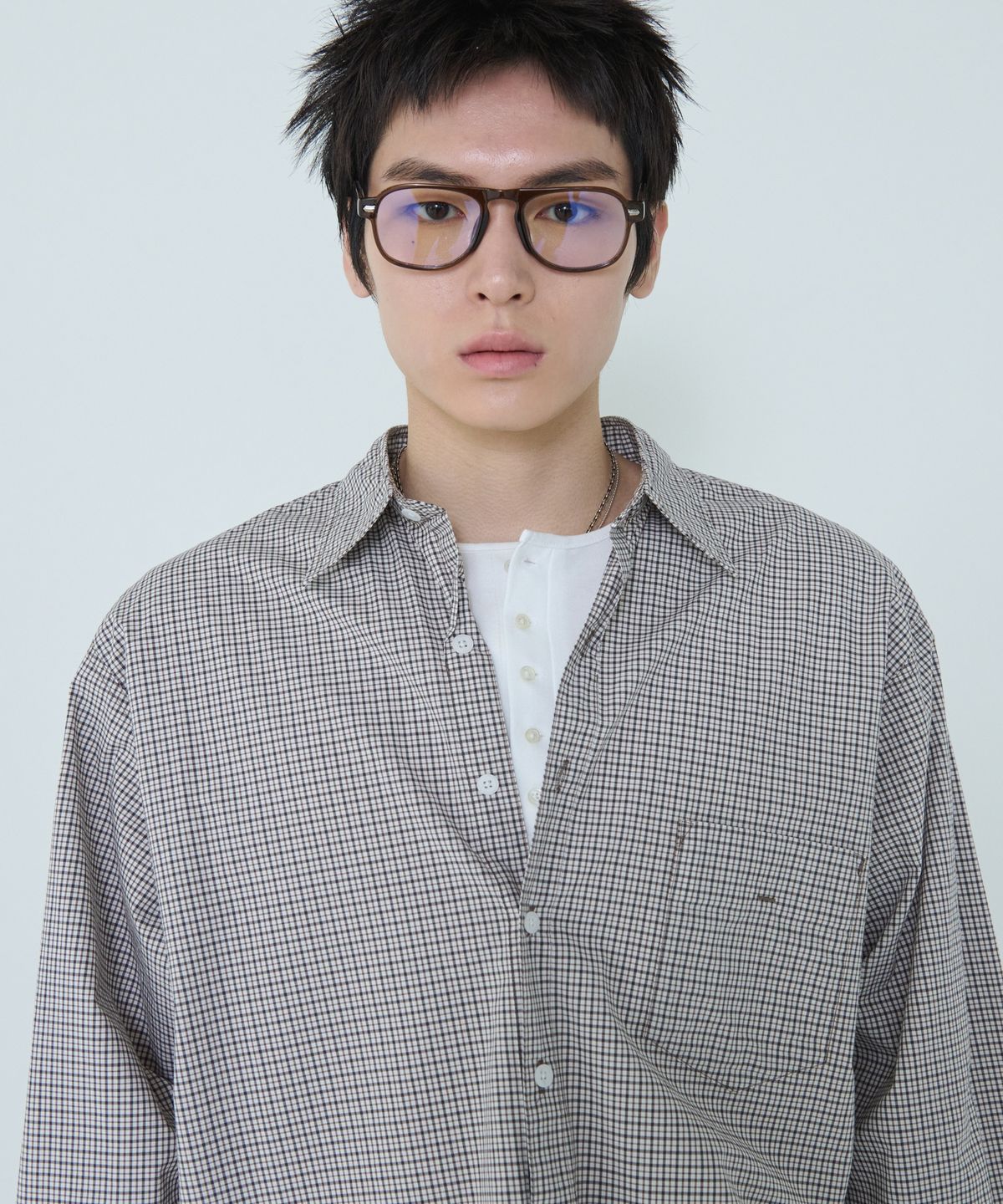 더씽인데어데어(THE THING IN THEIR THERE) Shift Multi Check Shirt Brown