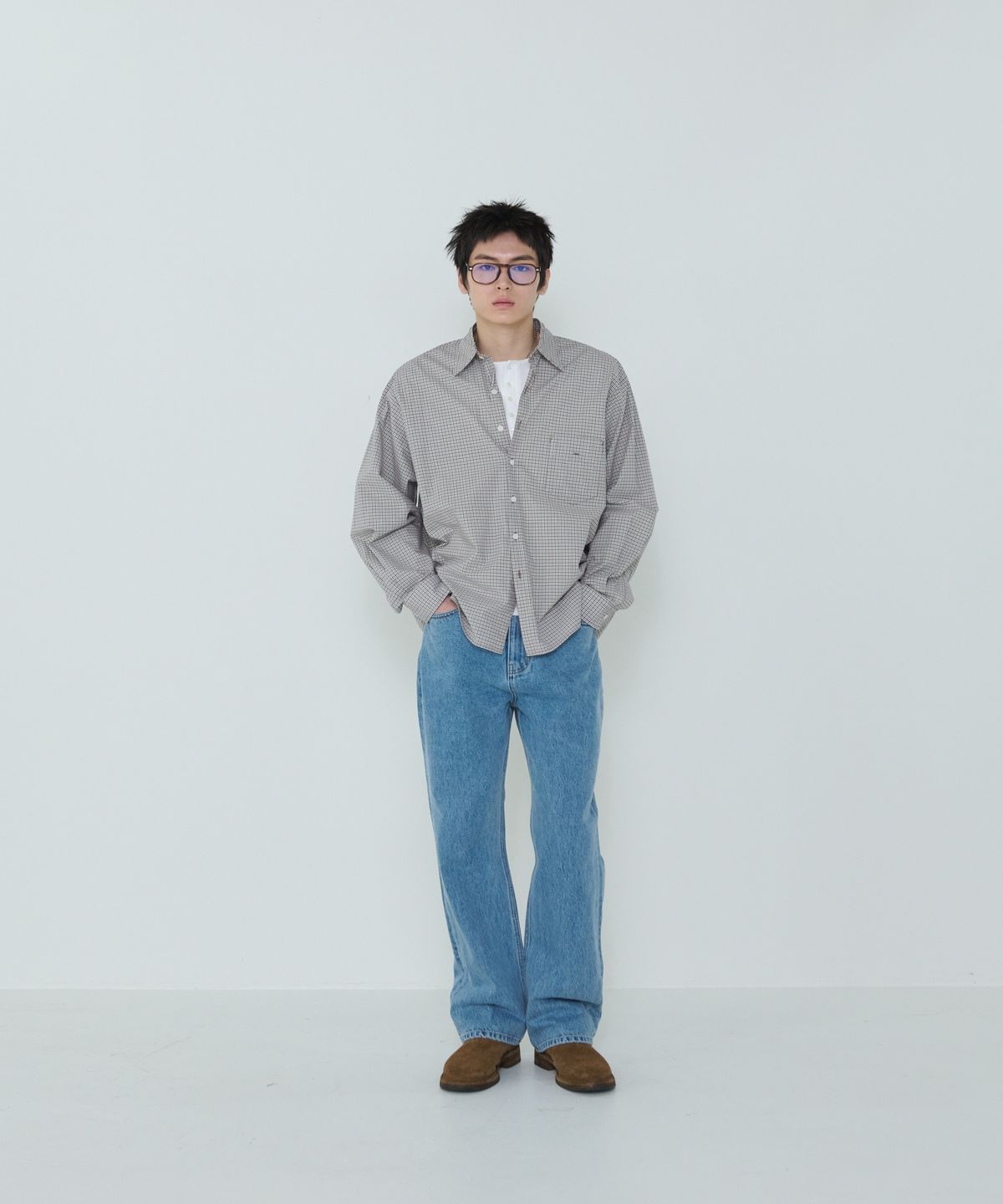 더씽인데어데어(THE THING IN THEIR THERE) Shift Multi Check Shirt Brown