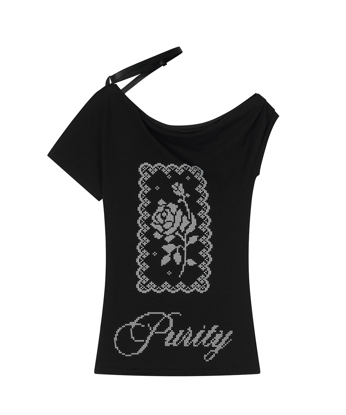 일리오(ILLIO) Black belt Rose one-shoulder T-shirt