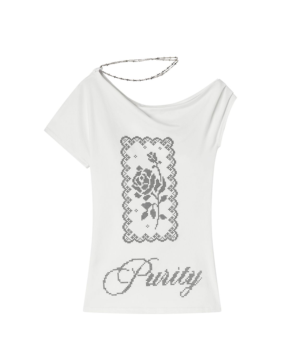 일리오(ILLIO) White chain Rose one-shoulder T-shirt