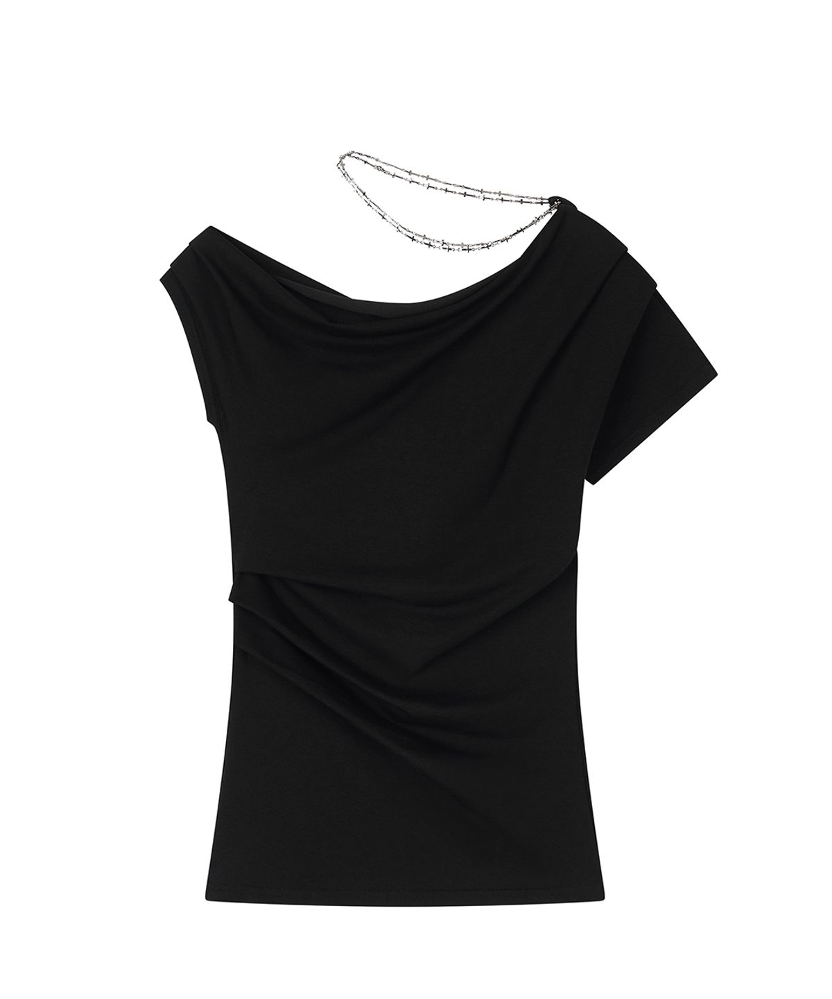 일리오(ILLIO) Black chain Rose one-shoulder T-shirt