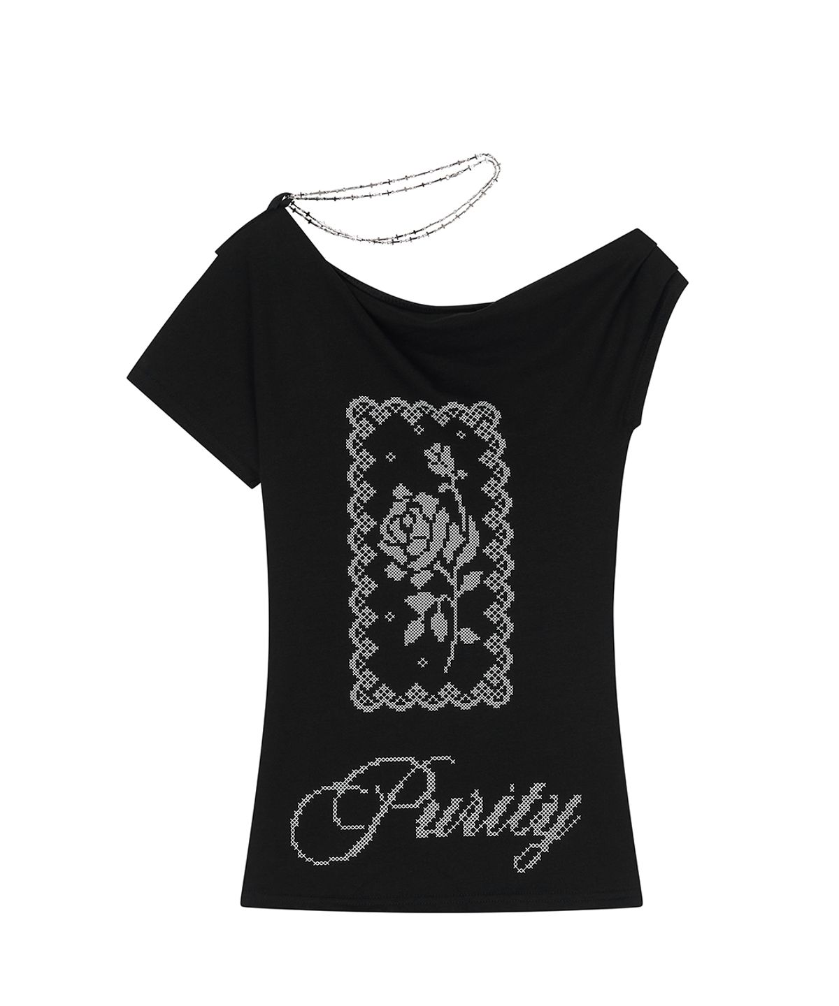 일리오(ILLIO) Black chain Rose one-shoulder T-shirt