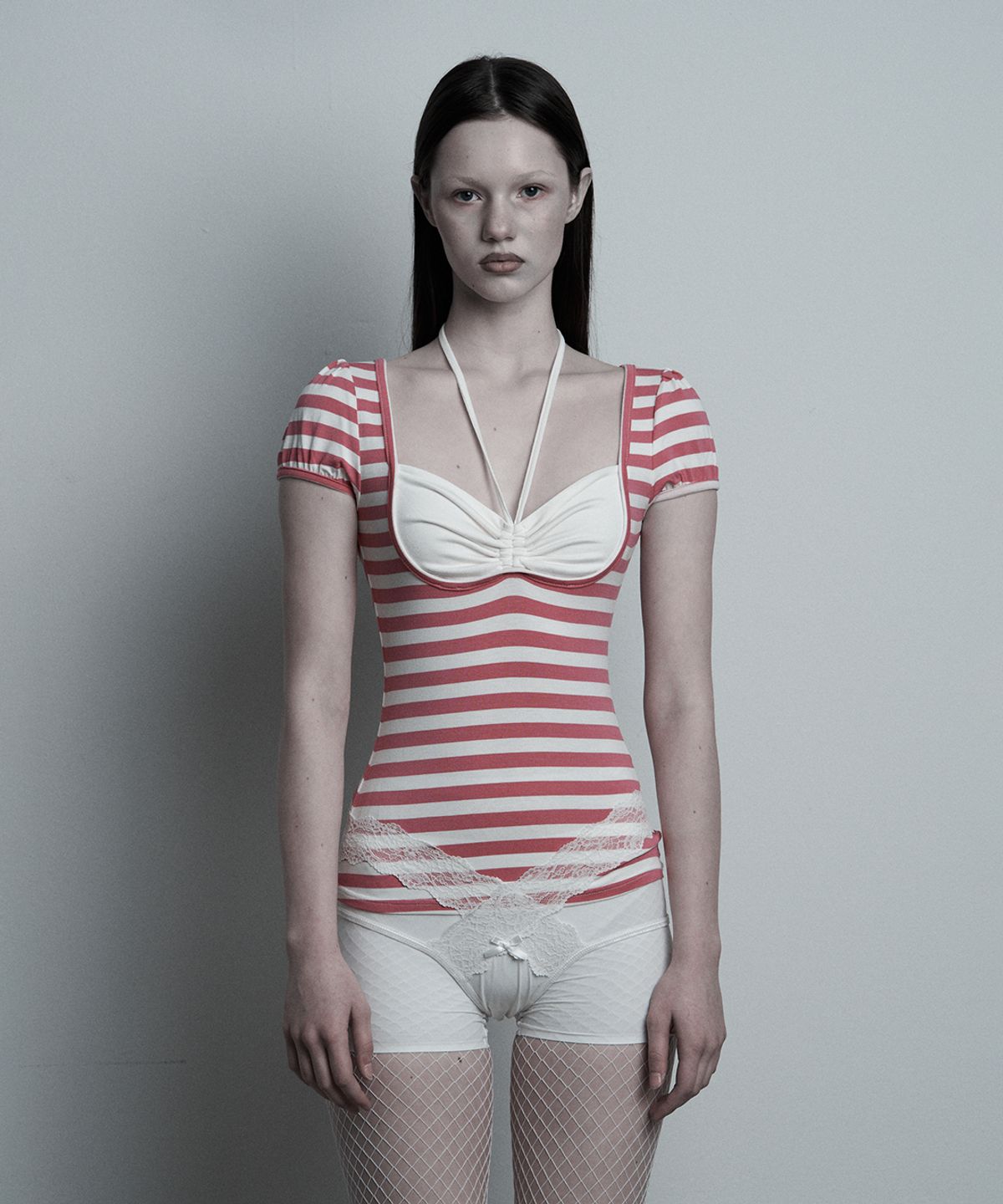 일리오(ILLIO) Pink stripe Giselle gathered top