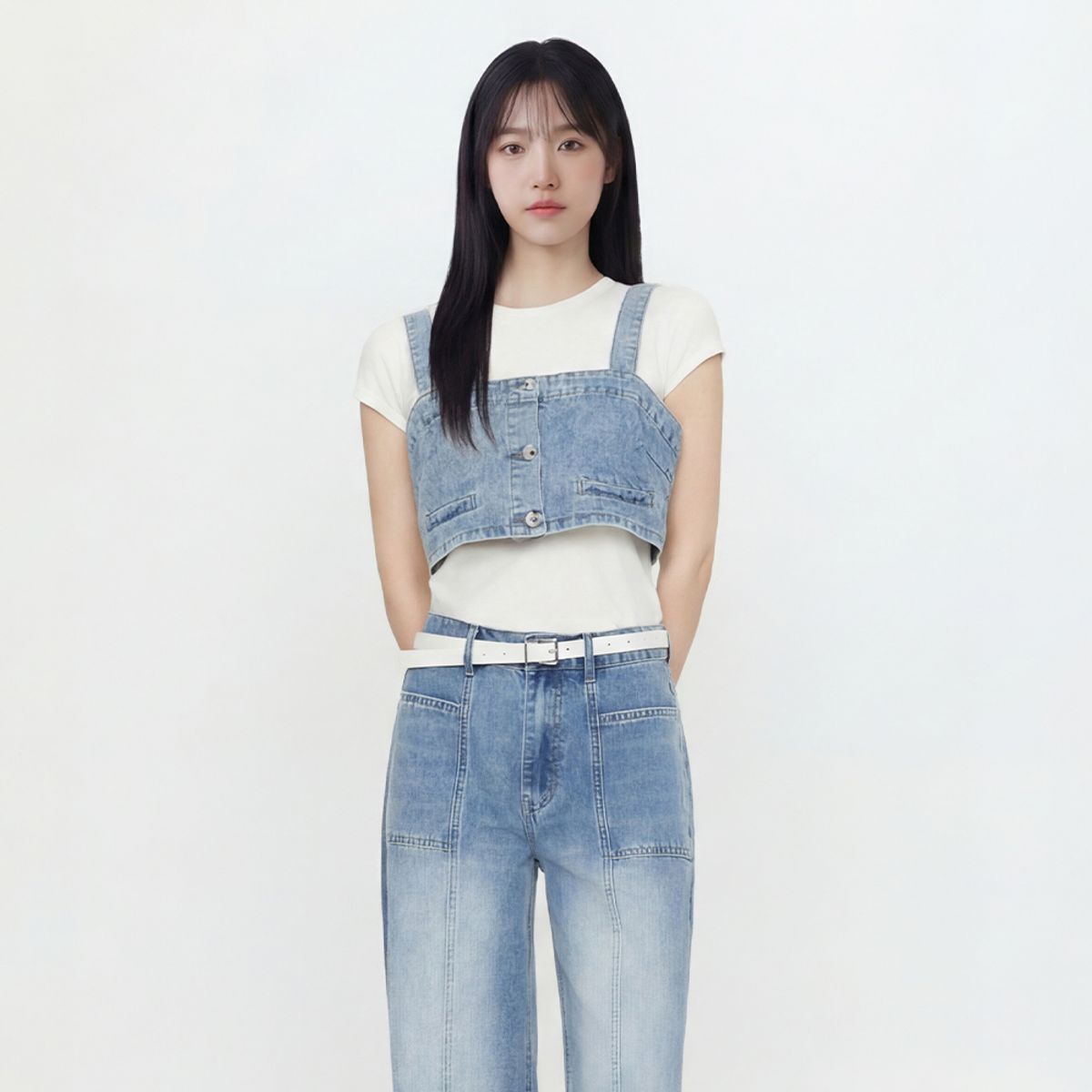 랩(LAP) 단추 크랍 스모킹 데님뷔스티에 AS2DB565