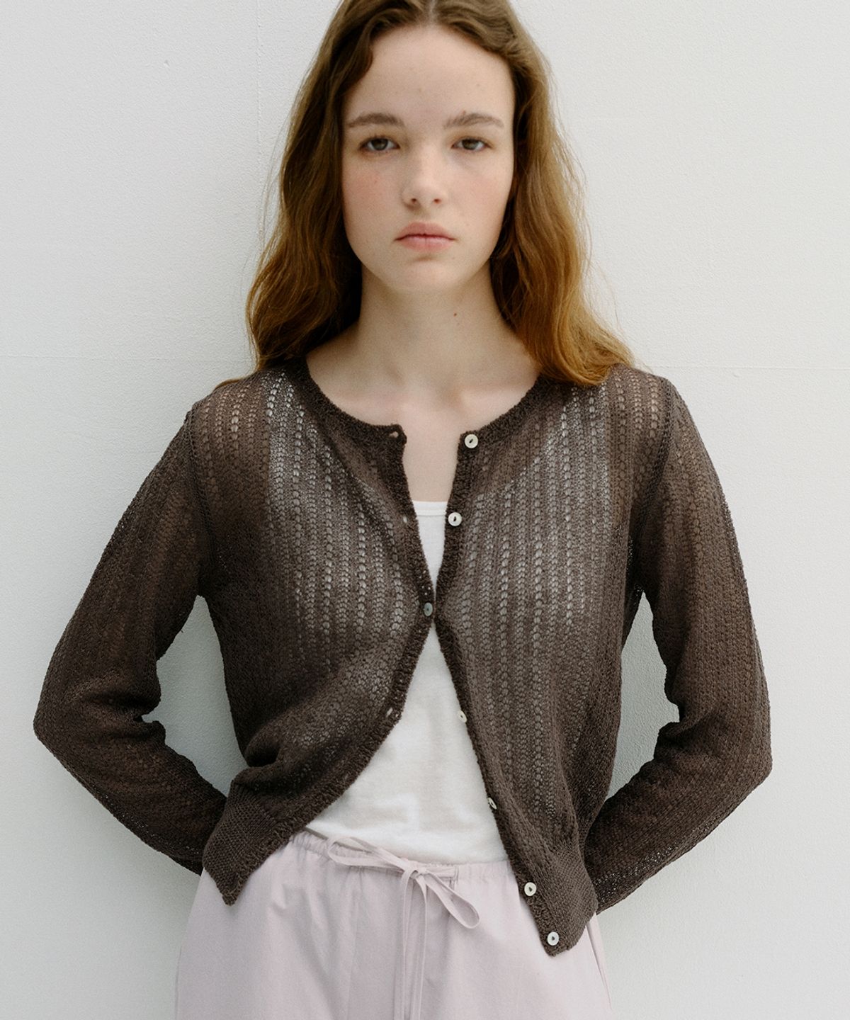 블랭크03(BLANK03) linen crochet cardigan (ash brown)