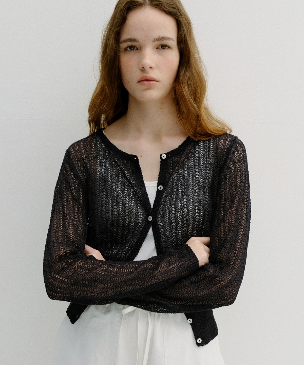 블랭크03(BLANK03) linen crochet cardigan (deep navy)