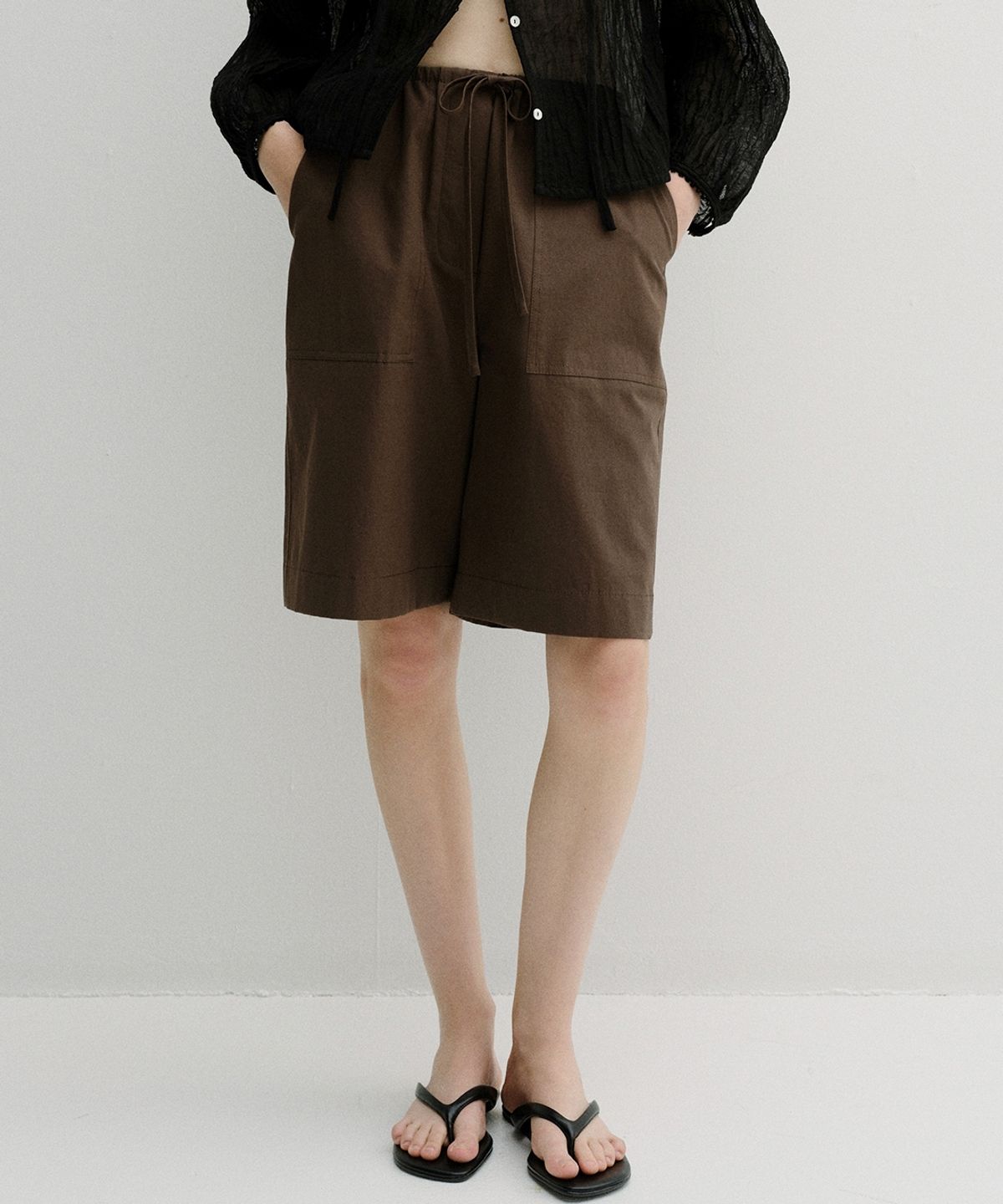 블랭크03(BLANK03) linen cotton banding bermuda pants (brown)