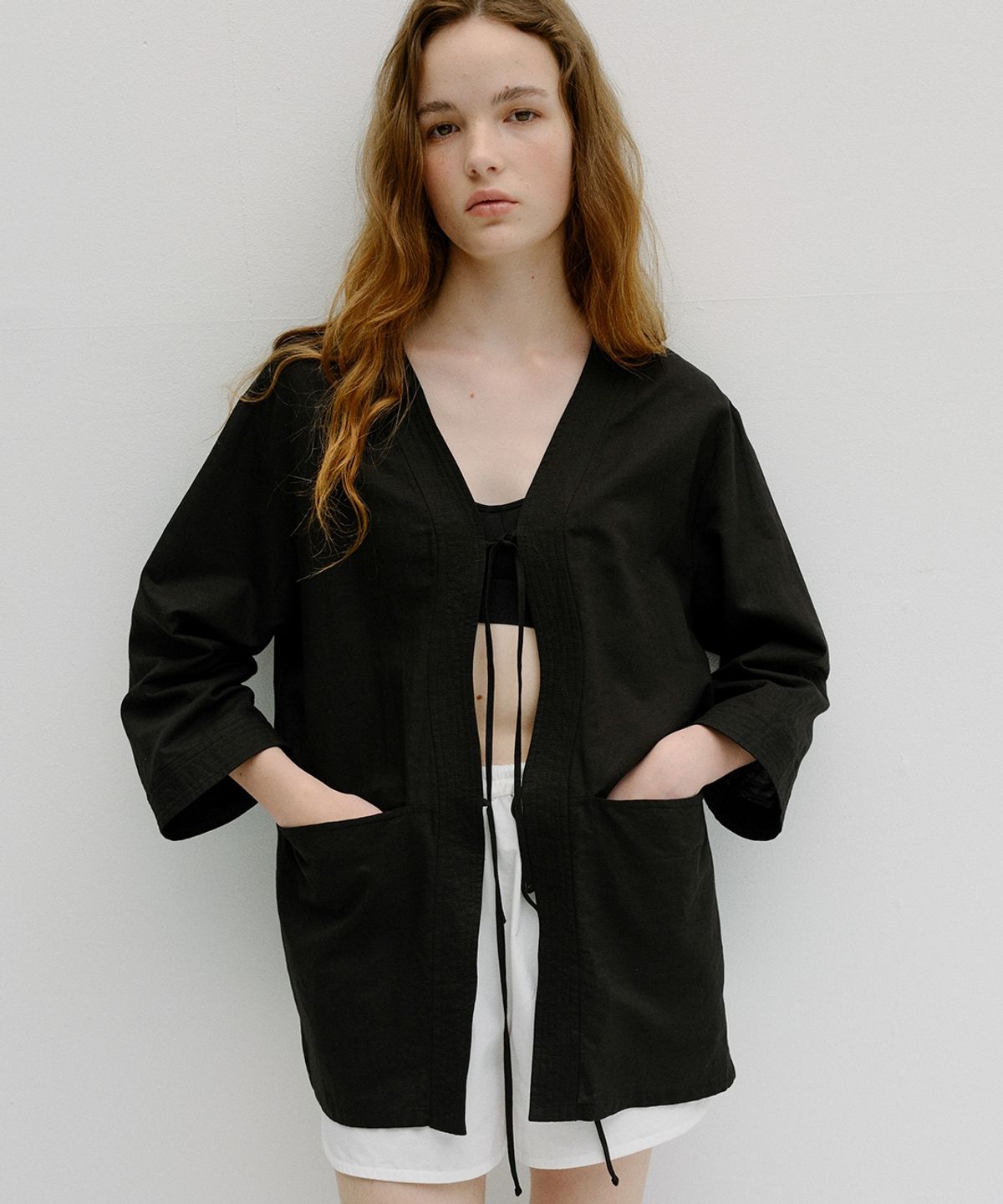 블랭크03(BLANK03) linen stitch robe jacket (black)