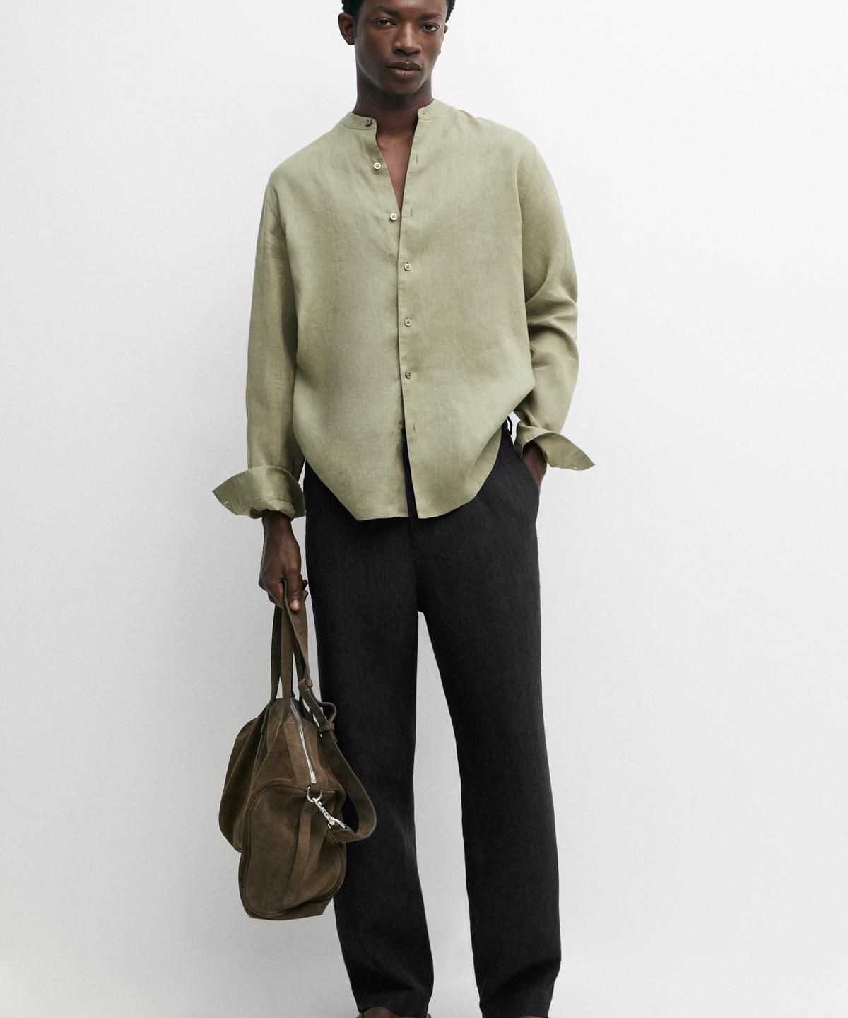 마시모두띠(MASSIMO DUTTI) 100% 린넨 레귤러 핏 스탠드 칼라 셔츠